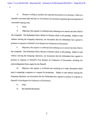 Case 1:11-cv-20120-PAS Document 58      Entered on FLSD Docket 09/16/2011 Page 69 of 76

 4




                 Di m a i w ilng t pr
                   s s s li o oduc t r que t d doc e s a is a t ne 'of i e a a
                                      e he e s e  um nt t t tor ys fc t

     m ut ly c
        ual onve e dae and tme orwilpr
                ni nt t     i      l oduc t docz e r que t upon pr - pa e of
                                         e he lm nt e sed         e ym nt

     reasonabl copyi cos s.
             e     ng t

                 N one.

           8.    Ob e to ti r q eti o e b o da dc n u iga n a s rh sb e fld t
                   j cin,h s e u s s v r r a n o f sn s o n we a e n ie o
     t Co pl i . n eDef ndant fl d aM oton t Dim iswhih i silpe ng. S b e tt a d
     he m ant          e    s ie        i o s s      c s tl ndi      u jc o n
     whhoutwai ng t fr goi obecins s doc nt t tt Dee t ha a e d t
             vi he o e ng j to , ee ume s ha he fndans ve gre o
     produce i res
             n ponse t Pl ntf Fis Reques f Pr
                      o ai ips r t      t or oducton ofD oclm e s.
                                                 i          l nt

           9.    Ob e to t srq s i o eb o d a dc n u ig a n a s rh sb e fld t
                   j cin,hi e uet s v r r a n o f sn s o n we a e n ie o
     t Compl i .The Def nda stld aM oton t Dim iswhih i silpendi . S b e tt a d
     he     ant        e nt ie        i o s s      c s tl      ng u j c o n

     wih u wavng t e f rg i g o j ci n ,s e d cl n st tt Dee d ns h v a re t
      t o t ii h o e o n be to s e o l t ha he fn a t a e g e d o
                                               me
     produce i r s
             n e pons t Pli ifs Fis Reque t f r Pr ton of Docl nt, i udi t
                     e o a ntf   rt      s o oduc i          lme s ncl ng he

     a knowl dgeme f m ssg d by t Pli tf.
      c     e     nt or i ne    he a n if

           1 . Obe to ,t i rq e ti o eb o d a d c nf sn a i se sd cl n srle
            0    j cin h s e u s s v r r a n o u i g s t e k o l t eid
                                                                   me
     u on i prp n a rs o s t a rq e tfrp o u to S be tt a d wih u wavngt e
      p n e mi g e p n e o e u s o r d ci n. u j c o n t o t ii h
     f r g ig o j cins se d c me t t tt eDee d n sh v a r e t p od ei r s o et
     o e on b e to , e o u n s ha h fn a t a e g e d o r uc n ep ns o
     Pl ntf Fis Reque tf Pr
      ai irs r t     s or oduc i n ofDoc e s
                              to        um nt ,

                N one.

                Se a t hed doc l e s
                  e tac       lm nt .




                                           2
 