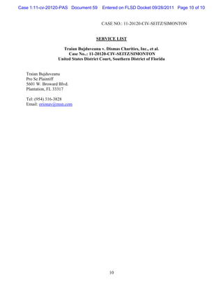 Case 1:11-cv-20120-PAS Document 59       Entered on FLSD Docket 09/28/2011 Page 10 of 10


                                         CASE NO.: 11-20120-CIV-SEITZ/SIMONTON


                                      SERVICE LIST

                    Traian Bujduveanu v. Dismas Charities, Inc., et al.
                       Case No..: 11-20120-CIV-SEITZ/SIMONTON
                  United States District Court, Southern District of Florida


   Traian Bujduveanu
   Pro Se Plaintiff
   5601 W. Broward Blvd.
   Plantation, FL 33317

   Tel: (954) 316-3828
   Email: orionav@msn.com




                                             10
 