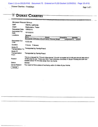 Case 1:11-cv-20120-PAS Document 75 Entered on FLSD Docket 11/29/2011 Page 19 of 61
   Dimast mm e -FRSA
     s  ' x s
         N         ISM                                                               Pa e lofl
                                                                                       g




    MovEMeN' ReouEsT DETAI
           r             O
    St
     a#            Adams. Lashonda
   Cl n
    it
    e               Budu ean Tr an
                      j v u, ai
   Rm uesed Dat 10/
         t    e    6Q010
   Request For 1 10/
         ed      0/ 2010
   Dat
     e
   Loca:ons         Gener
                        al
                    Name                   stw t
                                             r s           s- u cky      so
                   Rom ani O c odox Chum h 6232 Fim or S> t
                         an                      l e
                                                  l             Hol nne FL 33024
                                                                  l   f
   Requ-e r O ut
          f        $0
   Ti e
    m                : AM
                      00
   Dur i
     aton          3 H qs 0 a uesl
                      ov l     tt
   Mode Of         T
   Tr spoA ïon To r
     an           anspored by Famn end
                        t         yR
   Mode Of
   Tr spor on Tr
    an œ          anspored by Fami m ren
                        t        l i d
                                  y
   Fr
    om
                   Thi i a r
                      s s eques f X hur Atendanœ 'Chur i I t at9.5 Miand sàoul 1k about
                                 t or     ch t      '    ch s oœ ed                 d e
  Reason           16 Mi es by c . Ther ar ONLY Y o Orhodox chur
                        nut     ar      e e           t         ches i Soum Fl i .and bo* ar
                                                                     n       orda           e
                   l t about16 m i lesaway fom my home.
                   = ed              ntt      r
  Sktus            Denied
  Deni Reason
     al            You need t 5nd a plce ofwor p wi n 5 mies ofyourhom e.
                            o         a      hshi mi     l
  Ica c l
     ne
 
