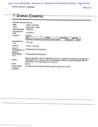 Case 1:11-cv-20120-PAS Document 75 Entered on FLSD Docket 11/29/2011 Page 22 of 61
   Dim m Chaiis-Fr s a t
    s s zte       e hst r                                                          Pa e lof1
                                                                                     g




    MOVEME RK PEST DB L
          NT         TAIS
    St f
     af          Adams, Lashonda
    Cl t
     i
     en              Budu ean Tr an
                       j v u, ai
    Request Dat 10/ 2010
           ed e   6/
    Request For
           ed
    Date        10/ 201
                  10/ 0
    Locatons
         i      General
                    Nam e                   ateet
                                             r b          steet cly
                                                           r z t        at e zi
                                                                         at p
                    Romani Orhodox Chur 6232 Fil e Steet
                         an t         ch      lmor r           Hol wood FL 33024
                                                                 l
                                                                 y
   Request Out
          ed
   Ti e
    m               1 00 AM
                     0:
   Dur i
      aton          3 Ho qs 0 Miues
                        u )     n tt)
   Mode Of          T
   Tr
    ansporaton To
           ti        ranspored by Fami / i
                           t          l Frend
                                      y
   M ode Of
   Transporaton
           ti       Tr
                     anspored by Fami / i
                           t        l Frend
                                     y
   From
                  Thi i a r
                  16 Mi eques f '
                     ss         t or' ch Atendanc 'Chur i I ed at9.5 Miand shoul t about
                                      Chur  t    e'     ch s ocat                  d ake
   Reason              nut by car Ther ar ONLY t Ofhodox chur
                         es       . e e        wo t            ches i Sott Fl i ,and bot ar
                                                                    n lh orda
                  l                                                                    h e
                  oc ed ae ut16 m i es awa fom my home.
                    at              nut    yr
   St us
    at            Denied
   Deni Reason
      al          You need t 5nd a pl ofwor p wihi 5 mi s ofyourhome.
                           o         ace   hshi t n      l
                                                         e
    Cancel
 