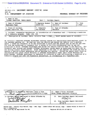 Case 1:11-cv-20120-PAS Document 75 Entered on FLSD Docket 11/29/2011 Page 51 of 61


    BP=s2O:.9J3 INCIDENT REPORT (CCC'S) CDFRM
    AUG 9:
    U .S . DEPARYMKNY OF JUSTICE                                                FmnRpxn BURXAU oF PRISONS

    '
        1. Name of CCC:                               '
         DISMAS CPARITIES, DANIA BEACH              gart I - Incident Report
        2. Na of Offender
             me                                 3-Register Nutber     4. Date of Incident          5. Time
        Bud v a u Tœin
          ju e n , a                            80 55 00
                                                  6 - 4               10 l3 ö
                                                                        / /l                       l: 0 m
                                                                                                     0p
        6. Place of Incident                    7. Component          8. Type of Offender
        Dismas charïties, RRC                   Pre Release           Sentence
        9. Incidentt P0SSeSSiOn manufactkree Or introduction Of a hazardous tool. / Violatin: a Condition
     Of a Communitv Drooram. Code: 108, 309
    11. Description Of Incident (Date: 10/*3/10 Time: lz pm
                                                        oo                staff become aware of incident)

    Or 20/A3/l0 I observed offender Bujduveanu walking towards his vehiclel
                                                                          blue Ford Explorer truck) in
    the resident parking lot- He then got into t vehicle and backed the vehicle into a par
                                                 he                                         king
    space. I asked his counselor if he was authorized to dri and she stated that he was not and that
                                                            ve
    hïs wife was authorized t trnnsport hâm. A review of his file corroborated that he was not
                             o
    authorized to drive. Offender Bujduveanu had drfven the vehicle from his home to the facility. His
    Counselcr went outside ard brought Offender Bujduveanu inside where we questioned him about why he
    was driving without authorization. Staff explaâ ned to him that it % s against the rules for him to
                                                                       e
    operate a vehicle without permission and we searched his vehicle. During the search staff found an
    unauthorized cell phone lblack Motorola in offender Bujduveanu' name) and a black Motorola car
                                                                   s
    phone charger. Offender Budjuveanu is therefore in violatïon of code 3og:
                                                                            violating a condition of a
    Communi program and Code lo8z
           ty                    possession Mnnufacture, or introduction of % hazardous tQ01.




'



    1 .signa ure of             ing Employee   Date & Time           13. Name & Title ( nted)
                                                                                       Pri
        V           e           D
                                                 / 3/ 0 2; p
                                                  1 1 30 m           De k T ma As s an Di ct r
                                                                       re ho s si t t re o
    14 Incidrnt
        '
                        port    ivered to Above Offender By             l5. Date In ide t Report Delivered
            N
            J,. 1x z
            ,
             h ( 4
                 '                                                               I 7p r(
                                                                                  O - ;
                j         .-
                          .
                            *                                                Ti I d R po De i r
                                                                               me :ci ent e rt l ve ed
                                                                                0N '
                                                                                 .
Record Copy - Ce al Fi Recor Co - DHO; Co - I
                ntr   le    d; py        py  nmnte Afte UDC Acti
                                                       r        on; Cop - In
                                                                       y    mate Within 24 Hours Of
part I Preparation
(This For Ma Be Re
         m y      plieat Vi WP)
                        ed a                                        Re acel 8P-205- 3 Of Mh 9
                                                                      pl           07      R 4
 