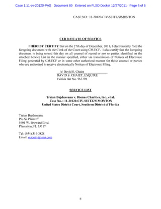 Case 1:11-cv-20120-PAS Document 89 Entered on FLSD Docket 12/27/2011 Page 6 of 6


                                           CASE NO.: 11-20120-CIV-SEITZ/SIMONTON




                                 CERTIFICATE OF SERVICE

         I HEREBY CERTIFY that on the 27th day of December, 2011, I electronically filed the
  foregoing document with the Clerk of the Court using CM/ECF. I also certify that the foregoing
  document is being served this day on all counsel of record or pro se parties identified on the
  attached Service List in the manner specified, either via transmission of Notices of Electronic
  Filing generated by CM/ECF or in some other authorized manner for those counsel or parties
  who are authorized to receive electronically Notices of Electronic Filing.

                               __/s/ David S. Chaiet_______________
                               DAVID S. CHAIET, ESQUIRE
                               Florida Bar No. 963798


                                        SERVICE LIST

                     Traian Bujduveanu v. Dismas Charities, Inc., et al.
                        Case No..: 11-20120-CIV-SEITZ/SIMONTON
                   United States District Court, Southern District of Florida


  Traian Bujduveanu
  Pro Se Plaintiff
  5601 W. Broward Blvd.
  Plantation, FL 33317

  Tel: (954) 316-3828
  Email: orionav@msn.com




                                                6
 