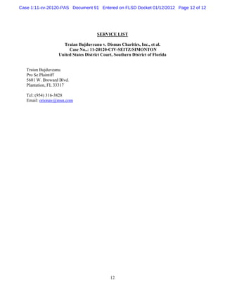 Case 1:11-cv-20120-PAS Document 91 Entered on FLSD Docket 01/12/2012 Page 12 of 12




                                      SERVICE LIST

                    Traian Bujduveanu v. Dismas Charities, Inc., et al.
                       Case No..: 11-20120-CIV-SEITZ/SIMONTON
                  United States District Court, Southern District of Florida


   Traian Bujduveanu
   Pro Se Plaintiff
   5601 W. Broward Blvd.
   Plantation, FL 33317

   Tel: (954) 316-3828
   Email: orionav@msn.com




                                             12
 