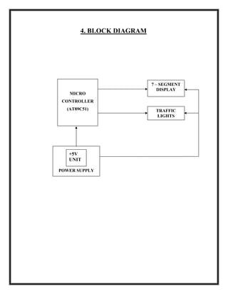 4. BLOCK DIAGRAM
POWER SUPPLY
+5V
UNIT
MICRO
CONTROLLER
(AT89C51)
7 – SEGMENT
DISPLAY
TRAFFIC
LIGHTS
 