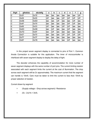 Digit gfedcba abcdefg a b c d e f g
0 0x3F 0x7E on on on on on on off
1 0x06 0x30 off on on off off off off
2 0x5B 0x6D on on off on on off on
3 0x4F 0x79 on on on on off off on
4 0x66 0x33 off on on off off on on
5 0x6D 0x5B on off on on off on on
6 0x7D 0x5F on off on on on on on
7 0x07 0x70 on on on off off off off
8 0x7F 0x7F on on on on on on on
9 0x6F 0x7B on on on on off on on
In this project seven segment display is connected to pins of Port 1. Common
Anode Connection is suitable for this application. The timer of microcontroller is
interfaced with seven segment display to display the delay of light.
The decoder enhances the capability of accommodation for more number of
seven segment displays with the same number of port pins. The current limiting resistor
associated with each segment limits the current at the cost of illumination. The drop
across each segment will be 2v approximately. The maximum current that the segment
can handle is 10mA. Care must be taken to limit the current to less than 10mA by
proper selection of resistor.
Current drawn by segment
= (Supply voltage – Drop across segment) / Resistance
= (5v - 2v)/1k = 3mA.
 