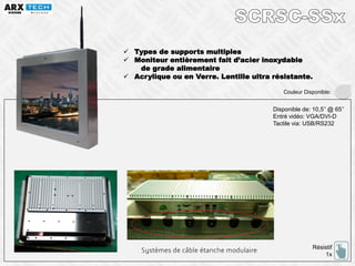  Types de supports multiples
 Moniteur entièrement fait d’acier inoxydable
de grade alimentaire
 Acrylique ou en Verre. Lentille ultra résistante.
Résistif
1x
Disponible de: 10,5’’ @ 65’’
Entré vidéo: VGA/DVI-D
Tactile via: USB/RS232
Couleur Disponible:
 