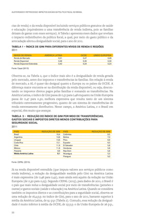 AUSTERIDADE E RETROCESSO: IMPACTOS SOCIAIS DA POLÍTICA FISCAL NO BRASIL
cias de renda) e da renda disponível incluindo serviços públicos gratuitos de saúde
e educação (equivalentes a uma transferência de renda indireta, pois as famílias
deixam de gastar com esses serviços). A Tabela 1 apresenta esses dados que revelam
o impacto redistributivo da política fiscal, a qual, por meio do gasto público e da
arrecadação altera a desigualdade social, para o ano de 2011.
TABELA 1 – ÍNDICE DE GINI PARA DIFERENTES NÍVEIS DE RENDA E REGIÕES
2011
NIVEIS DE RENDA AMÉRICA LATINA OCDE UNIÃO EUROPEIA
Renda de Mercado 0,51 0,47 0,49
Renda Disponível 0,48 0,30 0,30
Renda Disponível Estendida 0,42 0,24 0,23
Fonte: Cepal (2015)
Observa-se, na Tabela 2, que o índice mais alto é a desigualdade de renda gerada
pelo mercado, antes dos impostos e transferências às famílias. Em relação à renda
de mercado, a AL é quase tão desigual quanto a Europa ou os países da OCDE. A
diferença maior encontra-se na distribuição da renda disponível, ou seja, descon-
tando os impostos diretos pagos pelas famílias e somando as transferências. Na
América Latina, o índice de Gini passa de 0,51 para 0,48 enquanto na União Europeia
passa de 0,47 para 0,30, melhora expressiva que resulta tanto de um sistema
tributário extremamente progressivo, quanto de um sistema de transferências de
renda extremamente distributivo. Nesse campo, a América Latina, e o Brasil em
especial, têm muito que avançar.
TABELA 2 – REDUÇÃO DO ÍNDICE DE GINI POR MEIO DE TRANSFERÊNCIAS,
GASTOS SOCIAIS E IMPOSTOS DIRETOS MENOS CONTRIBUIÇÕES PARA
SEGURIDADE SOCIAL
2011
PAÍS REDUÇÃO DE GINI PAÍS REDUÇÃO DE GINI
Brasil 16,4 Colômbia 8,5
Argentina 14,8 Bolívia 7,0
Uruguai 13,6 Peru 6,9
Costa Rica 12,1 Equador 6,0
Chile 11,9 El Salvador 5,8
México 11,8 Honduras 5,8
Panamá 9,9 Rep Dom 5,6
Média América Latina 9,1 Nicarágua 5,3
	 	 Paraguai 5,0
Fonte: CEPAL (2015).
Já na renda disponível estendida (que imputa valores aos serviços públicos como
renda indireta), a redução da desigualdade medida pelo Gini na América Latina
é mais expressiva (de 0,48 para 0,42), mais ainda está aquém da redução na União
Europeia (de 0,30 para 0,23). Segundo CEPAL (2015), para dados de 2011, o Brasil é
o país que mais reduz a desigualdade social por meio de transferências (pensões e
outras) e gastos sociais (saúde e educação) na América Latina. Quando se considera
também os impostos diretos e as contribuições para a seguridade social, observa-se
uma redução de 16,4 p.p. no índice de Gini, para o ano de 2011, bastante superior à
média da América Latina, de 9,1 p.p (Tabela 2). Contudo, essa redução da desigual-
dade é muito inferior à média da OCDE, de 23 p.p. e da União Europeia de 26 p.p.,
22
 