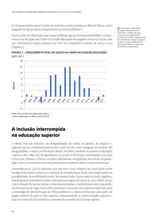 AUSTERIDADE E RETROCESSO: IMPACTOS SOCIAIS DA POLÍTICA FISCAL NO BRASIL
Lei Orçamentária Anual (LOA) de 2018 foi a única vetada por Michel Temer, sob a
alegação de que poderia comprometer as contas públicas48
.
Como pode ser observado nas contas públicas, apesar dessa possibilidade, o cresci-
mento real do gasto da União na Função Educação foi negativo em 2015 e 2016, com
um crescimento muito pequeno em 2017 se comparado à média de 2005 a 2014
(Figura 7).
FIGURA 7 – CRESCIMENTO REAL DO GASTO DA UNIÃO NA FUNÇÃO EDUCAÇÃO*
2001-2017
-10
-5
0
5
10
15
20
25
30
(Em%)
Fonte: Tesouro Nacional. Elaboração própria.
* Gasto empenhado em R$ de maio de 2018.
A inclusão interrompida
na educação superior
O Brasil tem um histórico de desigualdades de renda, de gênero, de raça/cor e
regional que se combinam para tornar o país um dos mais desiguais do mundo. Tal
desigualdade, o maior problema do Brasil, se reflete também no acesso à educação
superior (ES). Mas tais desigualdades no acesso à ES foram minimizadas nos anos
2000 com o Reuni, o Prouni, as ações afirmativas, a ampliação das bolsas de gradu-
ação e pós e os investimentos em assistência estudantil; dentre outras iniciativas.
Guimarães et al. (2010) analisam que nos anos 2000 relaxou-se a associação entre
background socioeconômico e chances de entrada nesse nível, com implicações na
possibilidade de mobilidade social. Na mesma linha, houve uma inclusão significa-
tiva de grupos vulneráveis como o das pessoas negras (Costa et al, 2011; IBGE, 2014),
com a criação de novos cursos, novas universidades, e também por meio das políti-
casdereservasdevaga.Outroefeitoinclusivoteveavercomaspectosregionais,pois
a estratégia de interiorização de IES possibilitou o desenvolvimento para além da
região sudeste do país ou das capitais, redinamizando as oportunidades educacio-
nais e do mercado de trabalho no interior dos estados de diversas regiões.
48 Na ocasião, o Ministro da
Educação, Mendonça Filho,
minimizou o impacto do veto,
e disse que o complemento
da União ao Fundeb “está preserva-
do”. Invertendo a lógica e negando
os fatos, na visão do Ministro da
Educação, preservar a educação
é preservar a austeridade.
34
 
