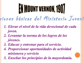 EN MOUNT VERNON, 1907 Elevar el nivel de la vida devocional de cada joven. Levantar la norma de los logros de los jóvenes. Educar y entrenar para el servicio. Proporcionar oportunidades de actividad misionera y servicio Enseñar los principios de la mayordomía. Funciones básicas del Ministerio Juvenil  