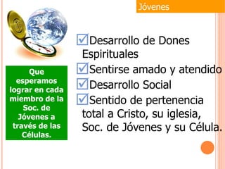 Desarrollo de Dones Espirituales Sentirse amado y atendido Desarrollo Social Sentido de pertenencia total a Cristo, su iglesia, Soc. de Jóvenes y su Célula. Jóvenes Que esperamos lograr en cada miembro de la Soc. de Jóvenes a través de las Células. 