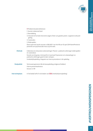111
CESIOPLEIDINGIN
PSYCHOSOCIALERISICO’S
111
OPLE
IDING
 Probleemsituaties beheersen
1. Soorten relationeel leed
2. Bemiddeling
3. Verzoek tot formele interventie wegens feiten van geweld, pesten, ongewenst seksueel
gedrag
4. Casestudy’s
5. Rollenspelen
Deze supervisie wordt voorzien in BIJLAGE 1 van het KB van 10 april 2014 betreffende de
preventie van psychosociale risico’s op het werk.
Methode Collectieve en interactieve uiteenzettingen Theorie + praktische oefeningen (rollenspellen
en casestudy’s).
Grootte van de groep: minimaal 8 en maximaal 15 personen om uitwisselingen en
praktische oefeningen goed te laten verlopen.
Intrabedrijfsopleiding: integratie van interne procedures in de opleiding.
Doelpubliek Vertrouwenspersonen (die de basisopleiding al afgerond hebben)
Interne preventieadviseurs
Actoren in HR
Interventieplaats In het bedrijf zelf of in de lokalen van CESI (interbedrijvenopleiding)
#VERTROUWENSPERSONEN
 