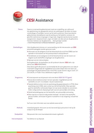 123123
ADVI
ES
CESI Assistance
Productcode E0402
Rubriek Welzijn
PE - (forfaitaire prijs per
persoon op jaarbasis)
Thema Zware en onverwachte gebeurtenissen zoals een ontploffing, een zelfmoord,
een gijzelneming, een gewapende overval, een werkongeval, die leiden tot zware
verwondingen of overlijden, kunnen op het werk voorkomen. Deze traumatische
gebeurtenissen destabiliseren vaak de werking van het bedrijf en verstoren de
getroffen werknemers of getuigen in hoge mate. Volgende reacties kunnen worden
waargenomen: slaapstoornissen, angst, vermijden van alles wat aan de gebeurtenis
herinnert, herleven van de gebeurtenis… . Deze gevolgen worden
« POSTTRAUMATISCH STRESSSYNDROOM » genoemd.
Doelstellingen Vóór de gebeurtenis kunnen er in samenwerking met de intervenanten van CESI
preventiemaatregelen worden genomen zoals:
 Informatie van de werkgever en/of de hiërarchische lijn en/of het CPBW over het
optreden en de evolutie van het posttraumatisch stresssyndroom.
 Sensibilisatie van de werkgever en/of de hiërarchische lijn over de manier van
reageren op de slachtoffers of getuigen van de gebeurtenis
 Opmaak van een interventieplan.
Na de gebeurtenis, de slachtoffers van dit syndroom steunen, CESI stelt u zijn
dienst voor: CESI ASSISTANCE.
Deze dienst geeft elke persoon van het bedrijf die dit soort gebeurtenis van nabij of
veraf heeft meegemaakt de mogelijkheid zich te laten helpen door een team van
psychologen die gespecialiseerd zijn in het PTSS, op elk moment, dag en nacht, 7/7
d en 24/24 u in 4 talen: Frans, Nederlands, Engels en Duits.
Programma  Contactopname van de persoon met onze dienst 0800 30 777 (gratis).
 Eerste directe telefooncontact met een specialist: mogelijkheid voor het
slachtoffer om zich « te ontladen » bij een luisterend oor.
 Tweede telefooncontact met een psycholoog die gespecialiseerd is in PTSS. Deze
psycholoog neemt SNEL weer contact op met het slachtoffer. Deze specialist
gaat het slachtoffer rechtstreeks helpen om zijn eerste indrukken te overwinnen.
Indien nodig wordt een afspraak gemaakt voor een persoonlijke ontmoeting.
 Derde behandelingsstap van het slachtoffer: een persoonlijke ontmoeting.
 Deze stap kan zo vaak als nodig worden herhaald – het doel is het slachtoffer
gerust te stellen, vertrouwen te geven in zichzelf en in zijn omgeving, inclusief het
bedrijf.
Surf voor meer informatie naar onze website www.cesi.be
Methode Individueel gesprek. Het accent van de interventie ligt op de actie en niet op de
analyse of op de therapie.
Doelpubliek Elke persoon die in een traumatiserende situatie is gebracht.
Interventieplaats Via telefoon en op afspraak.
CESIADVIESINWELZIJN#PSYCHOSOCIAALWELZIJN
 