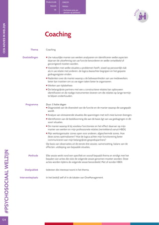 124124
ADVI
ES
Coaching
Productcode ONE011
Rubriek Welzijn
PE - (forfaitaire prijs per
persoon op jaarbasis)
Thema Coaching
Doelstellingen  Uw natuurlijke manier van werken analyseren en identificeren welke aspecten
daarvan de uitoefening van uw functie bevorderen en welke ontwikkeld of
gecorrigeerd moeten worden.
 Vaststellen met welke situaties u problemen heeft, zowel op persoonlijk vlak
als in uw relatie met anderen, de logica daarachter begrijpen en het gepaste
gedragsregister vinden.
 Nadenken over de manier waarop u de bekwaamheden van uw medewerkers
beter kan inzetten om zo uw eigen taken beter te organiseren.
 Werken aan tijdsbeheer.
 De belangrijkste partners met wie u constructieve relaties kan opbouwen
identificeren en de nodige instrumenten leveren om die relaties op lange termijn
te blijven onderhouden.
Programma Duur: 5 halve dagen
 Diagnostiek van de diversiteit van de functie en de manier waarop die aangepakt
wordt.
 Analyse van stresserende situaties die spanningen met zich mee kunnen brengen.
 Identificeren van de beeldvorming die aan de basis ligt van uw gedragingen in dit
soort situaties.
 De manier waarop ik bij voorkeur functioneer en het effect daarvan op mijn
manier van werken en mijn professionele relaties (vertrekkend vanuit HBDI).
 Mijn werkorganisatie: zones open voor anderen, afgeschermde zones. Hoe
deze zones optimaliseren? Hoe de logica achter mijn functionering beter
communiceren aan mijn belangrijkste gesprekspartners?
Op basis van observaties uit de eerste drie sessies: samenvatting, balans van de
effecten, uitdieping van bepaalde situaties.
Methode Elke sessie werkt rond een specifiek en vooraf bepaald thema en eindigt met het
bepalen van acties die vóór de volgende sessie genomen moeten worden. Deze
acties worden tijdens de volgende sessie beoordeeld. Met of zonder HBDI.
Doelpubliek Iedereen die interesse toont in het thema.
Interventieplaats In het bedrijf zelf of in de lokalen van OneManagement.
CESIADVIESINWELZIJN
#PSYCHOSOCIAALWELZIJN
 