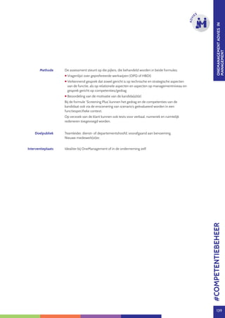 ONEMANAGEMENTADVIESIN
MANAGEMENT
139
ADVI
ES
Methode De assessment steunt op die pijlers, die behandeld worden in beide formules:
 Vragenlijst over geprefereerde werkwijzen (OPQ of HBDI)
 Verkennend gesprek dat zowel gericht is op technische en strategische aspecten
van de functie, als op relationele aspecten en aspecten op managementniveau en
gesprek gericht op competenties/gedrag
 Beoordeling van de motivatie van de kandida(a)t(e)
Bij de formule ‘Screening Plus’ kunnen het gedrag en de competenties van de
kandidaat ook via de enscenering van scenario’s geëvalueerd worden in een
functiespecifieke context.
Op verzoek van de klant kunnen ook tests voor verbaal, numeriek en ruimtelijk
redeneren toegevoegd worden.
Doelpubliek Teamleider, dienst- of departementshoofd, voorafgaand aan benoeming.
Nieuwe medewerk(st)er.
Interventieplaats Idealiter bij OneManagement of in de onderneming zelf.
#COMPETENTIEBEHEER
 