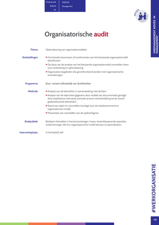 ONEMANAGEMENTADVIESIN
MANAGEMENT
141
ADVI
ES
Organisatorische audit
Thema Optimalisering van organisatiemodellen
Doelstellingen  Functionele stoornissen of incoherenties van het bestaande organisatiemodel
identificeren
 Op basis van de analyse van het bestaande organisatiemodel voorstellen doen
voor verbetering en optimalisering
 Organisaties begeleiden die geconfronteerd worden met organisatorische
veranderingen
Programma Duur: varieert afhankelijk van de behoeften
Methode  Analyse van de behoeften in samenwerking met de klant
 Analyse van de objectieve gegevens door middel van documentatie gevolgd
door kwalitatieve interviews (centrale actoren met betrekking tot de vooraf
geïdentificeerde behoeften)
 Stand van zaken en voorstellen (verslag) voor een besluitvormend en
organisatorisch model
 Presentatie van voorstellen aan de opdrachtgever
Doelpubliek Bedrijven betrokken in herstructureringen, fusies, kostenbesparende operaties,
ondernemingen die hun organisatorische model wensen te optimaliseren.
Interventieplaats In het bedrijf zelf.
Productcode ONE026
Rubriek Management
PE -
#WERKORGANISATIE
 