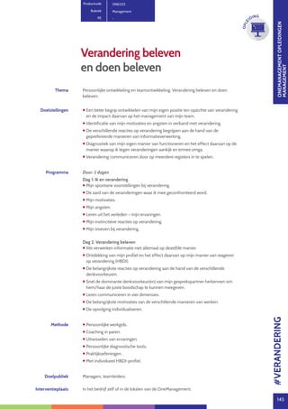 ONEMANAGEMENTOPLEIDINGEN
MANAGEMENT
145
OPLE
IDING
Verandering beleven
en doen beleven
Productcode ONE023
Rubriek Management
PE -
Thema Persoonlijke ontwikkeling en teamontwikkeling. Verandering beleven en doen
beleven.
Doelstellingen  Een beter begrip ontwikkelen van mijn eigen positie ten opzichte van verandering
en de impact daarvan op het management van mijn team.
 Identificatie van mijn motivaties en angsten in verband met verandering.
 De verschillende reacties op verandering begrijpen aan de hand van de
geprefereerde manieren van informatieverwerking.
 Diagnostiek van mijn eigen manier van functioneren en het effect daarvan op de
manier waarop ik tegen veranderingen aankijk en ermee omga.
 Verandering communiceren door op meerdere registers in te spelen.
Programma Duur: 2 dagen
Dag 1: Ik en verandering
 Mijn spontane voorstellingen bij verandering.
 De aard van de veranderingen waar ik mee geconfronteerd word.
 Mijn motivaties.
 Mijn angsten.
 Leren uit het verleden - mijn ervaringen.
 Mijn instinctieve reacties op verandering.
 Mijn troeven bij verandering.
Dag 2: Verandering beleven
 We verwerken informatie niet allemaal op dezelfde manier.
 Ontdekking van mijn profiel en het effect daarvan op mijn manier van reageren
op verandering (HBDI).
 De belangrijkste reacties op verandering aan de hand van de verschillende
denkvoorkeuren.
 Snel de dominante denkvoorkeur(en) van mijn gesprekspartner herkennen om
hem/haar de juiste boodschap te kunnen meegeven.
 Leren communiceren in vier dimensies.
 De belangrijkste motivaties van de verschillende manieren van werken.
 De opvolging individualiseren.
Methode  Persoonlijke werkgids.
 Coaching in paren.
 Uitwisselen van ervaringen.
 Persoonlijke diagnostische tools.
 Praktijkoefeningen.
 Met individueel HBDI-profiel.
Doelpubliek Managers, teamleiders.
Interventieplaats In het bedrijf zelf of in de lokalen van de OneManagement.
#VERANDERING
 