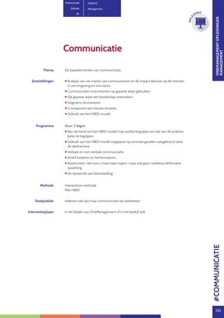 ONEMANAGEMENTOPLEIDINGEN
MANAGEMENT
155
OPLE
IDING
Communicatie
Productcode ONE015
Rubriek Management
PE -
Thema De basiselementen van communicatie.
Doelstellingen  Analyse van uw manier van communiceren en de impact daarvan op de mensen
in uw omgeving en vice versa.
 Communicatie-instrumenten op gepaste wijze gebruiken.
 Op gepaste wijze een boodschap overmaken.
 Gegevens structureren.
 U aanpassen aan nieuwe situaties.
 Gebruik van het HBDI-model.
Programma Duur: 2 dagen
 Aan de hand van het HBDI-model mijn profiel begrijpen om dat van de anderen
beter te begrijpen.
 Gebruik van het HBDI-model toegepast op concrete gevallen aangebracht door
de deelnemers.
 Verbale en non-verbale communicatie.
 Actief luisteren en herformuleren.
 Assertiviteit: niet over u heen laten lopen, maar ook geen nodeloos defensieve
opstelling.
 De dynamiek van beïnvloeding.
Methode Interactieve methode.
Met HBDI.
Doelpubliek Iedereen die zijn/haar communicatie wil verbeteren.
Interventieplaats In de lokalen van OneManagement of in het bedrijf zelf.
#COMMUNICATIE
 