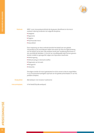 32
CESIADVIESINVEILIGHEID
32
ADVI
ES
Methode ARIS©
is een risicoanalysemethode die de gevaren identificeert en de risico’s
evalueert rekening houdende met volgende disciplines:
 Veiligheid
 Ergonomie
 Hygiëne
 Psychosociale risico’s
 Gezondheid
Door toepassing van deze methode beschikt het bedrijf over een globale
risicoanalyse op de verschillende vlakken die vereist zijn door de reglementering
van het welzijn op het werk. Elke werkpost wordt zeer nauwkeurig beschreven in
zijn verschillende deeltaken. In functie van voorafbepaalde taken kunnen gevaren
worden ontdekt en gerangschikt volgens een bijzondere classificatie:
 Werkomgeving
 Werkuitrusting en chemische stoffen
 Organisatie van het werk
 Mensgericht
 Interacties
Vervolgens worden de risico’s geëvalueerd om de te nemen acties te rangschikken,
m.a.w. de preventiemaatregelen (opmaak van het globale preventieplan en van het
jaarlijkse actieplan).
Doelpubliek Alle bedrijven met minstens 1 werknemer.
Interventieplaats In het bedrijf (bij elke werkpost).
#RISICOANALYSE
 