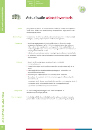 58
CESIADVIESINARBEIDSHYGIËNE
58
ADVI
ES
Actualisatie asbestinventaris
Productcode C0402
Rubriek Arbeidshygiëne
PE
Thema Jaarlijkse actualisatie van de asbestinventaris in het kader van het koninklijk besluit
van 16 maart 2006 inzake de bescherming van werknemers tegen de risico’s van
blootstelling aan asbest.
Doelstellingen Controleren of de status van asbesthoudende materialen niet is verslechterd (tijd,
botsingen, ...). Deze jaarlijkse inspectie wordt visueel uitgevoerd.
Programma  Bezoek aan alle gebouwen (ontoegankelijke zones en elementen worden
gerapporteerd) gebaseerd op het initiële inventarisatierapport (aan te leveren
indien het niet door onze diensten werd opgesteld). Het is noodzakelijk om te
worden begeleid door een persoon met een zeer goede kennis van het terrein en
toegang te hebben tot alle lokalen.
 Asbesthoudende materialen worden visueel geïnspecteerd op eventuele schade.
 De actualisatie van het inventarisatierapport wordt opgesteld op basis van visuele
waarnemingen.
Methode  Nazicht van de opvolging van de aanbevelingen in het initiële
inventarisatierapport.
 Visuele inspectie van asbesthoudende materialen om eventuele schade op te
sporen.
 Eventueel geven van nieuwe aanbevelingen aangepast aan de status van
asbesthoudende materialen.
 Beoordeling van het beheersplan van asbesthoudende materialen.
 Opmaak van de actualisatie van het inventarisatierapport, welke de volgende
elementen bevat:
• actualisatie van de lijst van asbesthoudende materialen (na verwijdering, werk, ...)
• actualisatie van de aanbevelingen volgens de visuele waarnemingen
• actualisatie van het beheersplan voor materialen
Doelpubliek Elk bedrijf (werkgever) dat de gebouwen betrekt en/of werk- en
beschermingsuitrustingen gebruikt.
Interventieplaats In het bedrijf zelf. Alle door het bedrijf betrokken gebouwen inclusief eventuele
gemene delen en alles wat er zich bevindt (werk- en beschermingsuitrustingen).
#CHEMISCHEAGENTIA
 