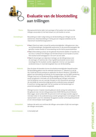69
CESIADVIESINARBEIDSHYGIËNE
69
ADVI
ES
Productcode D0901
Rubriek Arbeidshygiëne
PE -
Thema Risicopreventie bij het rijden met voertuigen of het werken met machines die
trillingen veroorzaken (in het hele lichaam en in de handen en armen.
Doelstellingen Beoordeling en indien nodig meting van de blootstelling aan trillingen van de
werknemers. Deze beoordeling en meting zijn een integraal onderdeel van het
«dynamisch risicobeheersingssysteem».
Programma  Fase 1: Stand van zaken inclusief de werkomstandigheden, trillingsbronnen, duur
van de blootstellingen, blootgestelde werknemers en de preventiemaatregelen die
getroffen moeten worden (in samenwerking met de interne preventieadviseur.
 Fase 2: Beoordeling op basis van de gekende theoretische tabellen of waardes van
het risico in verband met trillingen van het hele lichaam of van handen en armen.
Het resultaat wordt weergegeven in de vorm van een tabel.
 Fase 3: Uitvoeringen van objectieve metingen van de trillingsniveaus voor
de voertuigen of machines die in fase 2 gedefinieerd werden als de meest
risicodragende. De resultaten worden uitgedrukt in termen van equivalent
acceleratieniveau en maximale toegelaten duur van de blootstelling.
Methode Door de plaats de bezoeken kunnen de arbeidsomstandigheden bepaald worden.
De beoordeling gebeurt met de methoden beschreven in “Vibrations et mal de
dos. Guide des bonnes pratiques en application du décret Vibrations” (ED 6018). Er
gebeurt een beoordeling met behulp van de toepassingen van het INRS: berekening
trillingen hand-arm en berekening trilling volledige lichaam. De OSEV-software
wordt ook gebruikt in het kader van de blootstelling aan trillingen verbonden
met het bedienen van een voertuig. Het gaat om een theoretische opmeting
die uiteindelijk de overeenkomstige geraamde acceleratieniveaus weergeeft.
Er wordt een verslag opgemaakt met het resultaat van die berekeningen en
preventiemaatregelen worden voorgesteld.
Metingen kunnen in laatste instantie gebeuren als de raming niet voldoende is.
Die gebeuren dan met een trillingsniveaumeter SVAN 948 Sound and Vibration
Data Logger, serial number 6515. De personen en/of voertuigen worden uitgerust
met deze meter en de acceleratieniveaus worden geregistreerd in een tijdspanne die
representatief is voor hun arbeidstijd. De gegevens worden achteraf geïnterpreteerd
en een interventieplan wordt opgesteld.
Doelpubliek Iedereen die werkt met machines die trillingen veroorzaken of rijdt met voertuigen
die trillingen veroorzaken.
Interventieplaats In het bedrijf zelf.
Evaluatie van de blootstelling
aan trillingen
#FYSIEKEAGENTIA
 