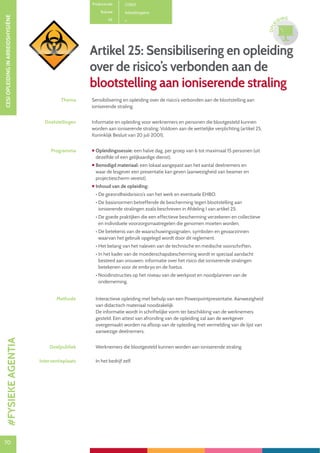 70
CESIOPLEIDINGINARBEIDSHYGIËNE
70
OPLE
IDING
Artikel 25: Sensibilisering en opleiding
over de risico’s verbonden aan de
blootstelling aan ioniserende straling
Productcode C0801
Rubriek Arbeidshygiëne
PE
Thema Sensibilisering en opleiding over de risico’s verbonden aan de blootstelling aan
ioniserende straling.
Doelstellingen Informatie en opleiding voor werknemers en personen die blootgesteld kunnen
worden aan ioniserende straling. Voldoen aan de wettelijke verplichting (artikel 25,
Koninklijk Besluit van 20 juli 2001).
Programma  Opleidingssessie: een halve dag, per groep van 6 tot maximaal 15 personen (uit
dezelfde of een gelijkaardige dienst).
 Benodigd materiaal: een lokaal aangepast aan het aantal deelnemers en
waar de lesgever een presentatie kan geven (aanwezigheid van beamer en
projectiescherm vereist).
 Inhoud van de opleiding:
• De gezondheidsrisico’s van het werk en eventuele EHBO.
• De basisnormen betreffende de bescherming tegen blootstelling aan
ioniserende stralingen zoals beschreven in Afdeling I van artikel 25.
• De goede praktijken die een effectieve bescherming verzekeren en collectieve
en individuele voorzorgsmaatregelen die genomen moeten worden.
• De betekenis van de waarschuwingssignalen, symbolen en gevaarzinnen
waarvan het gebruik opgelegd wordt door dit reglement.
• Het belang van het naleven van de technische en medische voorschriften.
• In het kader van de moederschapsbescherming wordt er speciaal aandacht
besteed aan vrouwen: informatie over het risico dat ioniserende stralingen
betekenen voor de embryo en de foetus.
• Noodinstructies op het niveau van de werkpost en noodplannen van de
onderneming.
Methode Interactieve opleiding met behulp van een Powerpointpresentatie. Aanwezigheid
van didactisch materiaal noodzakelijk.
De informatie wordt in schriftelijke vorm ter beschikking van de werknemers
gesteld. Een attest van afronding van de opleiding zal aan de werkgever
overgemaakt worden na afloop van de opleiding met vermelding van de lijst van
aanwezige deelnemers.
Doelpubliek Werknemers die blootgesteld kunnen worden aan ioniserende straling.
Interventieplaats In het bedrijf zelf.
#FYSIEKEAGENTIA
 