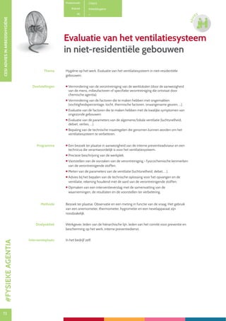 72
CESIADVIESINARBEIDSHYGIËNE
72
ADVI
ES
Evaluatie van het ventilatiesysteem
in niet-residentiële gebouwen
Productcode C0602
Rubriek Arbeidshygiëne
PE
Thema Hygiëne op het werk. Evaluatie van het ventilatiesysteem in niet-residentiële
gebouwen.
Doelstellingen  Vermindering van de verontreiniging van de werklokalen (door de aanwezigheid
van de mens, milieufactoren of specifieke verontreiniging die ontstaat door
chemische agentia).
 Vermindering van de factoren die te maken hebben met ongemakken
(vochtigheidspercentage, tocht, thermische factoren, onaangename geuren, ...).
 Evaluatie van de factoren die te maken hebben met de kwalijke symptomen van
ongezonde gebouwen.
 Evaluatie van de parameters van de algemene/lokale ventilatie (luchtsnelheid,
debiet, verlies, …).
 Bepaling van de technische maatregelen die genomen kunnen worden om het
ventilatiesysteem te verbeteren.
Programma  Een bezoek ter plaatse in aanwezigheid van de interne preventieadviseur en een
technicus die verantwoordelijk is voor het ventilatiesysteem.
 Precieze beschrijving van de werkplek.
 Vaststellen van de oorzaken van de verontreiniging - fysicochemische kenmerken
van de verontreinigende stoffen.
 Meten van de parameters van de ventilatie (luchtsnelheid, debet, …).
 Advies bij het bepalen van de technische oplossing voor het opvangen en de
ventilatie, rekening houdend met de aard van de verontreinigende stoffen.
 Opmaken van een interventieverslag met de samenvatting van de
waarnemingen, de resultaten en de voorstellen ter verbetering.
Methode Bezoek ter plaatse. Observatie en een meting in functie van de vraag. Het gebruik
van een anemometer, thermometer, hygrometer en een nevelapparaat zijn
noodzakelijk.
Doelpubliek Werkgever, leden van de hiërarchische lijn, leden van het comité voor preventie en
bescherming op het werk, interne preventiedienst.
Interventieplaats In het bedrijf zelf.
#FYSIEKEAGENTIA
 