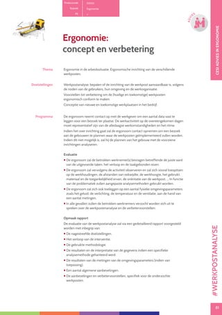 81
CESIOPLEIDINGINVEILIGHEID
81
OPLE
IDING
CESIADVIESINERGONOMIE
81
ADVI
ES
Productcode D1001
Rubriek Ergonomie
PE
Ergonomie:
concept en verbetering
Thema Ergonomie in de arbeidssituatie. Ergonomische inrichting van de verschillende
werkposten.
Doelstellingen Werkpostanalyse: bepalen of de inrichting van de werkpost aanvaardbaar is, volgens
de noden van de gebruikers, hun omgeving en de werkorganisatie.
Voorstellen tot verbetering om de (huidige en toekomstige) werkposten
ergonomisch conform te maken.
Conceptie van nieuwe en toekomstige werkplaatsen in het bedrijf.
Programma De ergonoom neemt contact op met de werkgever om een aantal data vast te
leggen voor een bezoek ter plaatse. De werkactiviteit op de overeengekomen dagen
moet representatief zijn van de alledaagse werkomstandigheden en het ritme.
Indien het over inrichting gaat zal de ergonoom contact opnemen om een bezoek
aan de gebouwen te plannen waar de werkposten geïmplementeerd zullen worden.
Indien dit niet mogelijk is, zal hij de plannen van het gebouw met de voorziene
inrichtingen analyseren.
Evaluatie
 De ergonoom zal de betrokken werknemer(s) bevragen betreffende de juiste aard
van de uitgevoerde taken, het verloop en de taakgebonden eisen.
 De ergonoom zal vervolgens de activiteit observeren en zal zich vooral toespitsen
op de werkhoudingen, de afstanden van reikwijdte, de werkhoogte, het gebruikt
materiaal en de toegankelijkheid ervan, de oriëntatie van de werkpost, ... In functie
van de problematiek zullen aangepaste analysemethoden gebruikt worden.
 De ergonoom zal zich ook toeleggen op een aantal fysieke omgevingsparameters
zoals het geluid, de verlichting, de temperatuur en de ventilatie, aan de hand van
een aantal metingen.
 In alle gevallen zullen de betrokken werknemers verzocht worden zich uit te
spreken over de werkpostenanalyse en de verbetervoorstellen.
Opmaak rapport
De evaluatie van de werkpostanalyse zal via een gedetailleerd rapport voorgesteld
worden met inbegrip van:
 De nagestreefde doelstellingen.
 Het verloop van de interventie.
 De gebruikte methodologie.
 De resultaten en de interpretatie van de gegevens indien een specifieke
analysemethode gehanteerd werd.
 De resultaten van de metingen van de omgevingsparameters (indien van
toepassing).
 Een aantal algemene aanbevelingen.
 De aanbevelingen en verbetervoorstellen, specifiek voor de onderzochte
werkposten.
#WERKPOSTANALYSE
 