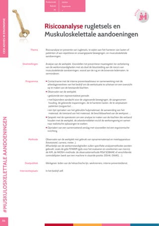 86
CESIADVIESINERGONOMIE
86
ADVI
ES
Risicoanalyse rugletsels en
Muskuloskelettale aandoeningen
Thema Risicoanalyse en preventie van rugletsels, te wijten aan het hanteren van lasten of
patiënten of aan repetitieve en onaangepaste bewegingen, en musculoskeletale
aandoeningen.
Doelstellingen Analyse van de werkplek. Voorstellen tot preventieve maatregelen ter verbetering
van de werkomstandigheden met als doel de blootstelling aan de risico’s van
musculoskeletale aandoeningen, vooral aan de rug en de bovenste ledematen, te
verminderen.
Programma  Contactname met de interne preventieadviseur en samenwerking met de
arbeidsgeneesheer van het bedrijf om de werksituatie te schetsen en een overzicht
op te maken van de bestaande klachten.
 Observatie van de werkplek:
• gedurende een representatieve periode.
• met bijzondere aandacht voor de uitgevoerde bewegingen, de aangenomen
houding, de geleverde inspanningen, de te hanteren lasten, de te verplaatsen
patiënten (zorgsector) …
• een lijst opmaken van het gebruikte hulpmateriaal, de aanwending van het
materiaal, de toestand van het materiaal, de beschikbaarheid van de werkpost, ...
 Gesprek met de operatoren om een analyse te maken van de klachten die verband
houden met de werkplek, de arbeidsmiddelen en/of de werkomgeving en samen
naar realistische oplossingen te zoeken.
 Opmaken van een samenvattend verslag met voorstellen tot een ergonomische
inrichting.
Methode Observatie van de werkplek met gebruik van opnamemateriaal en meetapparatuur
(fototoestel, camera, meter…).
Afhankelijk van de werkomstandigheden zullen specifieke analysemethodes worden
gebruikt, zoals de gids FIFARIM (gids voor het evalueren en voorkomen van risico’s),
de KIM, de NIOSH-methode, de observatiemethode MSA SOBANE of verschillende
controlelijsten (werk aan een machine in staande positie, OSHA, OWAS, …).
Doelpubliek Werkgever, leden van de hiërarchische lijn, werknemers, interne preventiedienst.
Interventieplaats In het bedrijf zelf.
Productcode D0104
Rubriek Ergonomie
PE
#MUSKULOSKELETTALEAANDOENINGEN
 