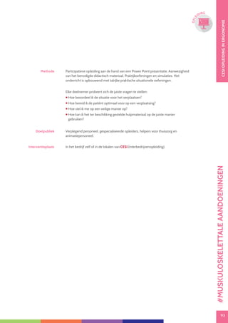 93
CESIOPLEIDINGINERGONOMIE
93
OPLE
IDING
Methode Participatieve opleiding aan de hand van een Power Point presentatie. Aanwezigheid
van het benodigde didactisch materiaal. Praktijkoefeningen en simulaties. Het
onderricht is opbouwend met talrijke praktische situationele oefeningen.
Elke deelnemer probeert zich de juiste vragen te stellen:
 Hoe beoordeel ik de situatie voor het verplaatsen?
 Hoe bereid ik de patiënt optimaal voor op een verplaatsing?
 Hoe stel ik me op een veilige manier op?
 Hoe kan ik het ter beschikking gestelde hulpmateriaal op de juiste manier
gebruiken?
Doelpubliek Verplegend personeel, gespecialiseerde opleiders, helpers voor thuiszorg en
animatiepersoneel.
Interventieplaats In het bedrijf zelf of in de lokalen van CESI (interbedrijvenopleiding).
#MUSKULOSKELETTALEAANDOENINGEN
 