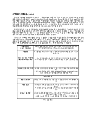  
차별화된 경쟁요소, x M A S  
 
  SK C&C HYPER Workplace 모바일 그룹웨어에서 찾을 수 있는 또 하나의 경쟁력으로는 모바일
애플리케이션 미들웨어인 xMAS(Extensible Mobile Application Server)를 들 수 있다. xMAS가 제공
하는 핵심 기능은 모바일 애플리케이션 개발에 있어 다양한 환경들과의 연동을 위한 기반 인프라스
트럭처 제공한다는 것이다. 따라서 HYPER Workplace 모바일 그룹웨어 구축에 있어 xMAS는 기업이
낮은 비용으로 단 기간에 시스템을 구축할 수 있는 기반이 되어 준다. 한 마디로, 기존 IT서비스를 모
바일 환경으로 확장하는 것을 용이하게 하는 도구라고 이해할 수 있다.  
 
  김승일 과장은 “모바일 그룹웨어는 현재의 e메일과 PIM 등의 일반 데이터 접속이나 메시지 기반의
개별 사용자 중심 환경에서 점차 SFA, CRM 등 직접적으로 사업성과 연동될 수 있는 기업 애플리케
이션으로 확장되어 가고 있다”고 시장 상황을 설명하고 “xMAS는 이 같은 고객요구를 가장 비용 효
율적으로 풀어 낼 수 있는 매우 유용한 솔루션“이라고 말했다.  
 
  SK C&C의 xMAS는 SK그룹의 모바일 그룹웨어 구축을 위한 기술표준으로서 SK텔레콤의 전직원이
사용하는 모바일 그룹웨어를 비롯, SK에너지, SK홀딩스, SK네트웍스, SK텔링크, SKC&C 등 모바일 그
룹웨어 구축에 사용되면서 그 효과를 검증받았다. 또한 지난 해 SK C&C가 수주한 현대중공업 그룹
웨어 구축 프로젝트에서도 xMAS의 비용 절감 효과 다시 한번 확인 받을 수 있었다.  
 
          융통성 있는         모바일 애플리케이션 개발을 위한 다양한 데이터의 연동 작업처리
       데이터 연동 처리             (관계형 데이터베이스, HTML 서버, XML 리퍼지토리 등)

           확장성          로드밸런싱 스위치/라우터를 이용하여 복수의 서버를 동시에 사용하
                                       도록 구성


     멀티 디바이스 지원 및  - 하나의 프로그램으로 다양한 규격의 모바일 기기를 동시 지원 
     데이터 전달의 유연성 - 프로그램 수정 없이도 새로운 규격의 모바일 기기에 대한 확장 가능




     다양한 개발 환경 지원 - 모바일 애플리케이션을 개발 시 필수적인 개발도구들을 API 형태로
                                                제공 
                   - JSP, ASP, SKVM, WIPI, J2ME, Windows Mobile, Embedded Linux
                            등의 다양한 모바일 어플리케이션 개발환경 지원

                                    x M A S의 장 점  
 
        개발 기간 단축        모바일 서비스 구현에 자주 사용되는 기능들을 라이브러리 형태로 제
                                          공

          비용 절감          - 모바일 프로토콜 지원을 통해 모바일 사이트 구축에 대한 번거로움
                                          을 줄임 
                        - 여러 개의 모바일 사이트를 구축하거나 운영할 필요가 없어 비용 절
                                           감이

       유지보수 용이성-        간단한 프로토콜 템플릿 및 스타일시트의 추가만으로도새로운 규격
                                   의 모바일 디바이스 지원 가능 
                         - 최초 시스템 구축 후 시스템 확장을 위한 유지보수 업무가 용이

                                   xMAS 도입 효과  
                                           
 
 
 