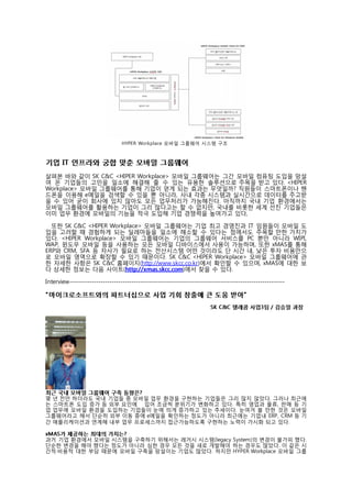 
                               HYPER Workplace 모바일 그룹웨어 시스템 구조  
                                                      
 
기업 I T 인프라와 궁합 맞춘 모바일 그룹웨어  
 
살펴본 바와 같이 SK C&C <HIPER Workplace> 모바일 그룹웨어는 그간 모바일 컴퓨팅 도입을 망설
여 온 기업들의 고민을 일소에 해결해 줄 수 있는 유용한 솔루션으로 주목을 받고 있다. <HIPER
Workplace> 모바일 그룹웨어를 통해 기업이 얻게 되는 효과는 무엇일까? 직원들이 스마트폰이나 핸
드폰을 이용해 e메일을 검색할 수 있을 뿐 아니라, 사내 각종 시스템과 실시간으로 데이터를 주고받
을 수 있어 굳이 회사에 있지 않아도 모든 업무처리가 가능해진다. 아직까지 국내 기업 환경에서는
모바일 그룹웨어를 활용하는 기업이 그리 많다고는 할 수 없지만, 국내를 비롯한 세계 선진 기업들은
이미 업무 환경에 모바일의 기능을 적극 도입해 기업 경쟁력을 높여가고 있다,  
 
  또한 SK C&C <HIPER Workplace> 모바일 그룹웨어는 기업 최고 경영진과 IT 임원들이 모바일 도
입을 고려할 때 경험하게 되는 딜레마들을 일소에 해소할 수 있다는 점에서도 주목할 만한 가치가
있다. <HIPER Workplace> 모바일 그룹웨어는 기업의 그룹웨어 서비스를 PC 뿐만 아니라 WIPI,
WAP, 윈도우 모바일 등을 사용하는 모든 모바일 디바이스에서 사용이 가능하며, 또한 xMAS를 통해
ERP와 CRM, SFA 등 자사가 필요로 하는 전산시스템 어떤 것이라도 단 시간 내, 낮은 투자 비용만으
로 모바일 영역으로 확장할 수 있기 때문이다. SK C&C <HIPER Workplace> 모바일 그룹웨어에 관
한 자세한 사항은 SK C&C 홈페이지(http://www.skcc.co.kr)에서 확인할 수 있으며, xMAS에 대한 보
다 상세한 정보는 다음 사이트(ht t p:/ / x mas.skcc.com)에서 찾을 수 있다.  
                                  h
 
Interview------------------------------------------------------------------------------------------------- 
 
“ 마이크로소프트와의 파트너십으로 사업 기회 창출에 큰 도움 받아”  
 
                                                                   S K C &C 텔레콤 사업3 팀 / 김승일 과장  
 




최근 국내 모바일 그룹웨어 구축 동향은?  
몇 년 전만 하더라도 국내 기업들 중 모바일 업무 환경을 구현하는 기업들은 그리 많지 않았다. 그러나 최근에
는 스마트폰 도입 증가 등 외부 요인에 힘입어 조금씩 분위기가 변화하고 있다. 특히 영업과 물류, 판매 등 기
업 업무에 모바일 환경을 도입하는 기업들이 눈에 띄게 증가하고 있는 추세이다. 눈여겨 볼 만한 것은 모바일
그룹웨어라고 해서 단순히 외부 이동 중에 e메일을 확인하는 정도가 아니라 최근에는 기업내 ERP, CRM 등 기
간 애플리케이션과 연계해 내부 업무 프로세스까지 접근가능하도록 구현하는 노력이 가시화 되고 있다.  
 
x M AS 가 제공하는 최대의 가치는? 
과거 기업 환경에서 모바일 시스템을 구축하기 위해서는 레거시 시스템(legacy System)의 변경이 불가피 했다.
단순한 변경을 해야 했다는 정도가 아니라 심한 경우 모든 것을 새로 개발해야 하는 경우도 많았다. 이 같은 시
간적·비용적 대한 부담 때문에 모바일 구축을 망설이는 기업도 많았다. 하지만 HYPER Workplace 모바일 그룹
 
