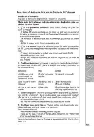 105
Cap. 8
Caso número 3. Aplicación de la hoja de Resolución de Problemas
Resolución de Problemas
Hoja para la clarificación de problemas y elección de soluciones
María. Mujer de 26 años con molestias abdominales desde años atrás, con
pérdida frecuente de peso
1.- ¿Cuál es el problema o problemas? (Cuál, cuándo, dónde y con qué o con
quien se relaciona)
-El trabajo. Me siento humillada por mis jefes. Les pedí que me cambiar el
horario, y no quisieron, a pesar de que fui elegida el año pasado como la mejor
trabajadora de la empresa
.-Mi marido se va a trabajar lejos, para mucho tiempo, quizás años. Me sentiré
sola
-Mi hija. Yo sola no tendré tiempo para cuidarla bien
2.- ¿Cuál es el objetivo respecto al problema? (Definir las metas que dependan
DE MÍ. ¿Qué quiero conseguir respecto al problema?) (Objetivos no contradicto-
rios)
-El trabajo, no quiero volver, o en todo caso, con un horario más flexible
-Mi marido, quisiera estar con él
-Mi hija, para mí es muy importante que esté con los padres por las tardes. Yo
sola no podré
3.- Posibles soluciones para conseguir el objetivo (muchas) (¿Qué puedo hacer
yo para cambiar mi situación? ¿Qué le aconsejaría a un amigo que estuviera en
mi misma situación?)
Soluciones Pros Contras
a) Hablar con el jefe
para conseguir un
horario más flexible
No sé si en realidad
lo quiero
Ya lo intenté y no resultó
b) No renovar el contra-
to laboral
Más tiempo para la
familia.
Tendré menos dinero
Me gusta mi trabajo
c) Irme a vivir con mi
marido
Estaré mejor Me sabe mal dejar Valencia, ha
sido muy importante para mí
4.- Elección de posibles soluciones (pocas y por orden de prioridad) (¿Qué benefi-
cios obtendré si lo intento? ¿Qué precio debo pagar para conseguir este objetivo?
¿De qué me sirve no intentarlo? ¿Qué precio pagaré si me quedo como estoy?)
-No renovaré el contrato laboral
-Me iré a vivir con mi marido cuando mi hija acabe el curso escolar
5.- Medidas o pasos concretos que YO voy a realizar para alcanzar estas solu-
ciones (indicando a partir de cuándo, o en qué plazo)
Concretamente intentaré:
-Hablaré con el jefe esta semana y pedirle el finiquito
-Hasta que me vaya a vivir con mi marido estaré más con mi hija y hablaré con
él por las noches por Internet
Centro de Salud de Paterna (Valencia). Adaptado de Mynors-Wallis( 2005); D’Zurilla y Gold-
friend 1971
 