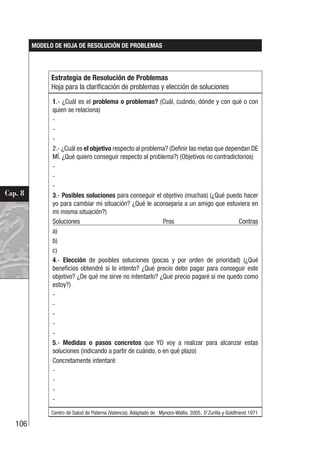 106
Cap. 8
MODELO DE HOJA DE RESOLUCIÓN DE PROBLEMAS
Estrategia de Resolución de Problemas
Hoja para la clarificación de problemas y elección de soluciones
1.- ¿Cuál es el problema o problemas? (Cuál, cuándo, dónde y con qué o con
quien se relaciona)
-
-
-
2.- ¿Cuál es el objetivo respecto al problema? (Definir las metas que dependan DE
MÍ. ¿Qué quiero conseguir respecto al problema?) (Objetivos no contradictorios)
-
-
-
3.- Posibles soluciones para conseguir el objetivo (muchas) (¿Qué puedo hacer
yo para cambiar mi situación? ¿Qué le aconsejaría a un amigo que estuviera en
mi misma situación?)
Soluciones Pros Contras
a)
b)
c)
4.- Elección de posibles soluciones (pocas y por orden de prioridad) (¿Qué
beneficios obtendré si lo intento? ¿Qué precio debo pagar para conseguir este
objetivo? ¿De qué me sirve no intentarlo? ¿Qué precio pagaré si me quedo como
estoy?)
-
-
-
-
-
5.- Medidas o pasos concretos que YO voy a realizar para alcanzar estas
soluciones (indicando a partir de cuándo, o en qué plazo)
Concretamente intentaré:
-
-
-
-
Centro de Salud de Paterna (Valencia). Adaptado de : Mynors-Wallis. 2005. D’Zurilla y Goldfriend 1971
 