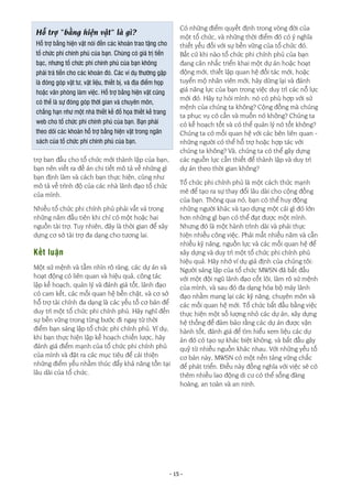 - 15 -
trợ ban đầu cho tổ chức mới thành lập của bạn,
bạn nên viết ra đề án chi tiết mô tả về những gì
bạn định làm và cách bạn thực hiện, cũng như
mô tả về trình độ của các nhà lãnh đạo tổ chức
của mình.
Nhiều tổ chức phi chính phủ phải vất vả trong
những năm đầu tiên khi chỉ có một hoặc hai
nguồn tài trợ. Tuy nhiên, đây là thời gian để xây
dựng cơ sở tài trợ đa dạng cho tương lai.
Kết luận
Một sứ mệnh và tầm nhìn rõ ràng, các dự án và
hoạt động có liên quan và hiệu quả, công tác
lập kế hoạch, quản lý và đánh giá tốt, lãnh đạo
có cam kết, các mối quan hệ bền chặt, và cơ sở
hỗ trợ tài chính đa dạng là các yếu tố cơ bản để
duy trì một tổ chức phi chính phủ. Hãy nghĩ đến
sự bền vững trong từng bước đi ngay từ thời
điểm bạn sáng lập tổ chức phi chính phủ. Ví dụ,
khi bạn thực hiện lập kế hoạch chiến lược, hãy
đánh giá điểm mạnh của tổ chức phi chính phủ
của mình và đặt ra các mục tiêu để cải thiện
những điểm yếu nhằm thúc đẩy khả năng tồn tại
lâu dài của tổ chức.
Có những điểm quyết định trong vòng đời của
một tổ chức, và những thời điểm đó có ý nghĩa
thiết yếu đối với sự bền vững của tổ chức đó.
Bất cứ khi nào tổ chức phi chính phủ của bạn
đang cân nhắc triển khai một dự án hoặc hoạt
động mới, thiết lập quan hệ đối tác mới, hoặc
tuyển mộ nhân viên mới, hãy dừng lại và đánh
giá năng lực của bạn trong việc duy trì các nỗ lực
mới đó. Hãy tự hỏi mình: nó có phù hợp với sứ
mệnh của chúng ta không? Cộng đồng mà chúng
ta phục vụ có cần và muốn nó không? Chúng ta
có kế hoạch tốt và có thể quản lý nó tốt không?
Chúng ta có mối quan hệ với các bên liên quan -
những người có thể hỗ trợ hoặc hợp tác với
chúng ta không? Và, chúng ta có thể gây dựng
các nguồn lực cần thiết để thành lập và duy trì
dự án theo thời gian không?
Tổ chức phi chính phủ là một cách thức mạnh
mẽ để tạo ra sự thay đổi lâu dài cho cộng đồng
của bạn. Thông qua nó, bạn có thể huy động
những người khác và tạo dựng một cái gì đó lớn
hơn những gì bạn có thể đạt được một mình.
Nhưng đó là một hành trình dài và phải thực
hiện nhiều công việc. Phải mất nhiều năm và cần
nhiều kỹ năng, nguồn lực và các mối quan hệ để
xây dựng và duy trì một tổ chức phi chính phủ
hiệu quả. Hãy nhớ ví dụ giả định của chúng tôi:
Người sáng lập của tổ chức MWSN đã bắt đầu
với một đội ngũ lãnh đạo cốt lõi, làm rõ sứ mệnh
của mình, và sau đó đa dạng hóa bộ máy lãnh
đạo nhằm mang lại các kỹ năng, chuyên môn và
các mối quan hệ mới. Tổ chức bắt đầu bằng việc
thực hiện một số lượng nhỏ các dự án, xây dựng
hệ thống để đảm bảo rằng các dự án được vận
hành tốt, đánh giá để tìm hiểu xem liệu các dự
án đó có tạo sự khác biệt không, và bắt đầu gây
quỹ từ nhiều nguồn khác nhau. Với những yếu tố
cơ bản này, MWSN có một nền tảng vững chắc
để phát triển. Điều này đồng nghĩa với việc sẽ có
thêm nhiều lao động di cư có thể sống đàng
hoàng, an toàn và an ninh.
Hỗ trợ “bằng hiện vật” là gì?
Hỗ trợ bằng hiện vật nói đến các khoản trao tặng cho
tổ chức phi chính phủ của bạn. Chúng có giá trị tiền
bạc, nhưng tổ chức phi chính phủ của bạn không
phải trả tiền cho các khoản đó. Các ví dụ thường gặp
là đóng góp vật tư, vật liệu, thiết bị, và địa điểm họp
hoặc văn phòng làm việc. Hỗ trợ bằng hiện vật cũng
có thể là sự đóng góp thời gian và chuyên môn,
chẳng hạn như một nhà thiết kế đồ họa thiết kế trang
web cho tổ chức phi chính phủ của bạn. Bạn phải
theo dõi các khoản hỗ trợ bằng hiện vật trong ngân
sách của tổ chức phi chính phủ của bạn.
 