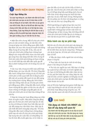 - 59 -
• Một tầm nhìn chung. Mỗi tổ chức phi chính
phủ có một sứ mệnh riêng, và một tầm nhìn
chung sẽ giúp các nhóm đồng quan điểm thiết
lập được các mục tiêu chung và truyền tải thông
điệp chung về sự thay đổi. Ví dụ, nếu các tổ
chức phi chính phủ chống tham nhũng hoạt
động ở các vùng miền khác nhau của một quốc
gia cùng nhau xây dựng một tầm nhìn chung về
hình ảnh một chính phủ không có tham nhũng,
họ có thể thiết lập một diễn đàn quốc gia để
đưa ra định hướng và tôn chỉ rõ ràng cho các tổ
chức.
• Các mục tiêu chung và chiến lược phối hợp
để đạt được các mục tiêu đó. Tổ chức Công dân
đấu tranh chống tham nhũng và các tổ chức phi
chính phủ có liên quan biết rất rõ rằng họ phải
đối mặt với sự phản đối mạnh từ các đối tượng
thụ hưởng tham nhũng. Bằng việc hình thành
mặt trận thống nhất với các tổ chức phi chính
phủ đồng quan điểm, Công dân đấu tranh chống
tham nhũng đã làm giảm cơ hội cho các yếu tố
tham nhũng có thể gây xung đột giữa các tổ
chức phi chính phủ và vô hiệu hóa những nỗ lực
của họ.
• Hợp tác trong các hoạt động nâng cao nhận
thức và tuyên truyền. Hãy phân công lao động
giữa các tổ chức phi chính phủ hợp tác về việc
ai chia sẻ thông tin hoặc thực hiện đào tạo với
các đối tượng mục tiêu khác nhau. Việc này là
cần thiết để tránh trùng lặp công việc. Tổ chức
Công dân đấu tranh chống tham nhũng đang
phối hợp với một tổ chức phi chính phủ khác
tập trung vào các cuộc bầu cử công bằng. Cả
hai tổ chức đều muốn giáo dục cử tri nhận ra
gian lận bầu cử và tuýt còi khi thấy có hành vi
gian lận. Hai tổ chức phi chính phủ nhận ra rằng
họ có thể gia tăng hiệu quả bằng cách chia sẻ
kiến thức và kỹ năng trong các buổi hội thảo
giáo dục và các chiến dịch chung. Những bước
đó cho phép các tổ chức mở rộng phạm vi công
việc vào các khu vực cộng đồng mới.
Phối hợp không có nghĩa là bạn làm mọi thứ
cùng nhau. Nó có nghĩa là bạn nói chuyện và
quyết định những gì bạn sẽ làm một mình và
những gì bạn sẽ làm chung. Hãy nhớ rằng mỗi tổ
chức phi chính phủ là độc lập và có những ưu
tiên nội bộ và quá trình ra quyết định riêng.
Điều hành các dự án phối hợp
Đôi khi các tổ chức phi chính phủ xây dựng các
mối quan hệ hợp tác chặt chẽ bằng cách thiết
kế và triển khai các dự án cùng nhau. Thông qua
các dự án hợp tác, tổ chức phi chính phủ của
bạn có thể:
• Tiếp cận được nhiều người hơn và mở rộng
phạm vi ủng hộ.
• Thực hiện các loại dự án mới và mở rộng
phạm vi kỹ năng và chuyên môn.
• Thu hút các nguồn lực mới. Nếu bạn có năng
lực quản lý hạn chế hoặc có ít kinh nghiệm dự
án, bạn có thể không đủ điều kiện nhận tài trợ
từ các quỹ lớn hoặc khu vực công. Hợp tác với
một tổ chức có kinh nghiệm có thể giúp cho tổ
chức phi chính phủ của bạn đủ điều kiện được
nhận khoản tài trợ đó.
Giả sử Tổ chức Fighting Corruption thiết lập các
cuộc họp thông tin với các tổ chức phi chính
phủ khác hoạt động trong cùng khu vực. Tổ
chức này làm quen với một tổ chức phi chính
KHÁI NIỆM QUAN TRỌNG
Cuộc họp thông tin
Tại cuộc họp thông tin, các thành viên đến từ tổ chức
phi chính phủ của bạn và các tổ chức khác có thể
chia sẻ thông tin về sứ mệnh, tầm nhìn và các giá trị
của mỗi tổ chức. Đây là cơ hội để xác định mục tiêu
chung và tìm hiểu xem liệu có cơ hội hợp tác cùng
nhau không. Cuộc họp thông tin đôi khi đưa ra các ý
tưởng cụ thể về sự phối hợp hoặc cộng tác hoặc chỉ
đơn giản là đồng ý duy trì mối liên hệ với nhau.
GHI NHỚ
Tận dụng các thành viên HĐQT của
bạn để xây dựng mối quan hệ
Các thành viên hội đồng quản trị là các đại sứ của tổ
chức phi chính phủ của bạn. Hãy tận dụng các mạng
lưới liên lạc của họ để nhận diện và xây dựng quan hệ
đối tác với các tổ chức phi chính phủ khác.
 