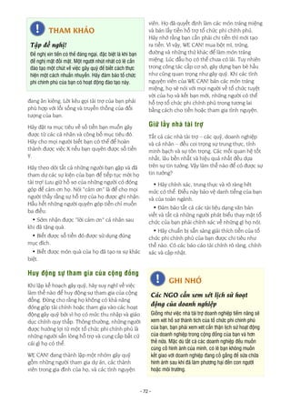 - 72 -
đang ăn kiêng. Lời kêu gọi tài trợ của bạn phải
phù hợp với lối sống và truyền thống của đối
tượng của bạn.
Hãy đặt ra mục tiêu về số tiền bạn muốn gây
được từ các cá nhân và công bố mục tiêu đó.
Hãy cho mọi người biết bạn có thể để hoàn
thành được việc X nếu bạn quyên được số tiền
Y.
Hãy theo dõi tất cả những người bạn gặp và đã
tham dự các sự kiện của bạn để tiếp tục mời họ
tài trợ! Lưu giữ hồ sơ của những người có đóng
góp để cảm ơn họ. Nói “cảm ơn” là để cho mọi
người thấy rằng sự hỗ trợ của họ được ghi nhận.
Hầu hết những người quyên góp tiền chỉ muốn
ba điều:
• Sớm nhận được “lời cảm ơn” cá nhân sau
khi đã tặng quà.
• Biết được số tiền đó được sử dụng đúng
mục đích.
• Biết được món quà của họ đã tạo ra sự khác
biệt.
Huy động sự tham gia của cộng đồng
Khi lập kế hoạch gây quỹ, hãy suy nghĩ về việc
làm thế nào để huy động sự tham gia của cộng
đồng. Đừng cho rằng họ không có khả năng
đóng góp tài chính hoặc tham gia vào các hoạt
động gây quỹ bởi vì họ có mức thu nhập và giáo
dục chính quy thấp. Thông thường, những người
được hưởng lợi từ một tổ chức phi chính phủ là
những người sẵn lòng hỗ trợ và cung cấp bất cứ
cái gì họ có thể.
WE CAN! đang thành lập một nhóm gây quỹ
gồm những người tham gia dự án, các thành
viên trong gia đình của họ, và các tình nguyện
viên. Họ đã quyết định làm các món tráng miệng
và bán lấy tiền hỗ trợ tổ chức phi chính phủ.
Hãy nhớ rằng bạn cần phải chi tiền thì mới tạo
ra tiền. Vì vậy, WE CAN! mua bột mì, trứng,
đường và những thứ khác để làm món tráng
miệng. Lúc đầu họ có thể chưa có lãi. Tuy nhiên
trong công tác cấp cơ sở, gây dựng bạn bè hầu
như cũng quan trọng như gây quỹ. Khi các tình
nguyện viên của WE CAN! bán các món tráng
miệng, họ sẽ nói với mọi người về tổ chức tuyệt
vời của họ và kết bạn mới, những người có thể
hỗ trợ tổ chức phi chính phủ trong tương lai
bằng cách cho tiền hoặc tham gia tình nguyện.
Giữ lấy nhà tài trợ
Tất cả các nhà tài trợ – các quỹ, doanh nghiệp
và cá nhân – đều coi trọng sự trung thực, tính
minh bạch và sự tôn trọng. Các mối quan hệ tốt
nhất, lâu bền nhất và hiệu quả nhất đều dựa
trên sự tin tưởng. Vậy làm thế nào để có được sự
tin tưởng?
• Hãy chính xác, trung thực và rõ ràng hêt
mức có thể. Điều này bảo vệ danh tiếng của bạn
và của toàn ngành.
• Đảm bảo tất cả các tài liệu dạng văn bản
viết và tất cả những người phát biểu thay mặt tổ
chức của bạn phải chính xác về những gì họ nói.
• Hãy chuẩn bị sẵn sàng giải thích tiền của tổ
chức phi chính phủ của bạn được chi tiêu như
thế nào. Có các báo cáo tài chính rõ ràng, chính
xác và cập nhật.
THAM KHẢO
Tập đề nghị!
Đề nghị xin tiền có thể đáng ngại, đặc biệt là khi bạn
đề nghị mặt đối mặt. Một người nhút nhát có lẽ cần
đào tạo một chút về việc gây quỹ để biết cách thực
hiện một cách nhuần nhuyễn. Hãy đảm bảo tổ chức
phi chính phủ của bạn có hoạt động đào tạo này.
GHI NHỚ
Các NGO cần xem xét lịch sử hoạt
động của doanh nghiệp
Giống như việc nhà tài trợ doanh nghiệp tiềm năng sẽ
xem xét hồ sơ thành tích của tổ chức phi chính phủ
của bạn, bạn phải xem xét cẩn thận lịch sử hoạt động
của doanh nghiệp trong cộng đồng của bạn và hơn
thế nữa. Mặc dù tất cả các doanh nghiệp đều muốn
củng cố hình ảnh của mình, có lẽ bạn không muốn
kết giao với doanh nghiệp đang cố gắng để sửa chữa
hình ảnh sau khi đã làm phương hại đến con người
hoặc môi trường.
 