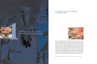 1|1 Apreciaciones en torno a la transcripción
                                       de los lenguajes visuales




1
P R I M E RO S L E N G UA J E S Y
tendencias en la modernidad nacional



                                       La Octava Exposición Bienal de Artes Plásticas celebrada en 1956 fue el primer
                                       evento de su categoría registrado en el flamante Palacio de Bellas Artes. Pero la im-
                                       portancia de tal celebración no reside tanto en ese registro como tampoco en el he-
                                       cho de una continuidad institucionalizada desde 1942, fecha de la Primera Bienal
                                       Nacional. Si lo uno y lo otro tienen significación como puntales del patrocinio gu-
                                       bernativo de las artes, más importante resultan los artistas que mediante sus obras re-
                                       velan los alcances de la modernidad. Este vuelo moderno que se expresa en dibujo,
                                       en escultura y en pintura, transcribe en muchos ejemplos los lenguajes que lo repre-
                                       sentan y expresan la natural diversidad discursiva en un colectivo de recreadores vi-
                                       suales que tienen en común la nacionalidad o una producción cosechada casi total-



                                       Silvano Lora|Pintura (fragmento)|Óleo/cartón/madera|91 x 110 cms.|1956|Col. Museo de Arte Moderno.
 