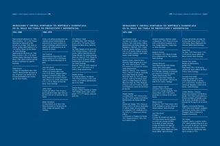 Capítulo 1 | Primeros lenguajes y tendencias en la modernidad nacional |138|                                                                                                                                     |139|   Primeros lenguajes y tendencias en la modernidad nacional | Capítulo 1




MURALISMO Y «MURAL PORTABLE» EN REPÚBLICA DOMINICANA                                                                                          MURALISMO Y «MURAL PORTABLE» EN REPÚBLICA DOMINICANA
EN EL SIGLO XX: TABLA DE PROYECCIÓN Y REFERENCIAS.                                                                                            EN EL SIGLO XX: TABLA DE PROYECCIÓN Y REFERENCIAS
1951-1960                                                  1961-1970                                                                          1971-1980


Representación Abstracta (3), 1960.                       Frente a las últimas producciones del      José Ramírez Conde                       José Ramírez Conde                        Norberto Santana y Ramírez Conde                   El Ocaso del Hombre del Siglo XX,
Mural cerámico 1.07 x 3.04, Palacio                       realismo colosal Velazanettiano la         Las Bellas Artes, 1969. Pintura al       Las Artes y Los Oficios, 1972. Pintura    La Masonería, 1970. Pintura al fresco,             Acrílica sobre lienzo mural. 1.90 x
Municipal de Sabana de la Mar.                            abstracción del mural cerámico re-         fresco 2.80 x 7.45 metros, Palacio       al fresco, 2.00 x 5.82 metros. Edificio   4.00 x 6.00 metros localizado en el                3.00 metros. Banco Hipotecario Do-
Génesis de un Gagá, 1960 Panel ce-                        sulta un monólogo solitario frente al      Nacional de Bellas Artes, Santo Do-      Administrativo del Parque Mirador Sur.    Gran Templo Masónico, Ciudad Nue-                  minicano (BHD) Santo Domingo.
rámico; azulejo sobre madera 0.77 x                       impulso del neohumanismo de los            mingo.                                   Nadadores y Bañistas, 1974. Conjun-       va, Santo Domingo.
1.69 metros, Museo de Arte Moder-                         alumnos de Colson.                         Sin Titulo (alegoría de los deportes),   to de dos murales pintados al fresco,
                                                                                                                                                                                                                                           Shum Prats
no, Santo Domingo.                                                                                   1970. Pintura al fresco, 2.00 x 6.00     2.60 x 5.15 metros. Edificio de la pis-
                                                                                                                                                                                        Norberto Santana                                   Sin título, 1978. Panel mural 1.74 x
Representación Abstracta (4), 1960                                                                   metros. Edificio Administrativo del      cina del Centro Olímpico Juan Pablo
                                                          Paul Giudicelli                                                                                                               La Primavera, 1973. Mural al temple                13.30 metros, nuevo edificio del
Mural cerámico 1.28 x 3.78 metros.                                                                   Parque Mirador Sur, Santo Domingo.       Duarte, Santo Domingo.
                                                          Representación Abstracta (5), 1961                                                                                            en la residencia del Dr. Félix Santana,            Banco Central, Santo Domingo.
Fachada Palacio Municipal de Nagua.                                                                  Mural sin Título (2), 1970. Pintura al
                                                          Mural cerámico 2.97 x 5.00 metros.                                                                                            Santo Domingo.
Mural, 1960. Mural cerámico ejecuta-                                                                 fresco 1.95x13.78 metros. Edificio
                                                          Interior del Palacio Municipal de Hi-                                               Ramírez Conde y Roberto Flores
do para el municipio de Luperón.                                                                     Administrativo del Parque Mirador                                                                                                     Antonio Prats Ventós
                                                          güey.                                                                               Mural sin Título (alegoría de la Justi-
Destruido.                                                                                           Sur, Santo Domingo.                                                                Orlando Menicucci                                  Bosque de Flamboyanes,
                                                                                                                                              cia), 1975. Mural al fresco, 3.00 x
                                                                                                     Mural sin Título (3), 1970. Pintura al                                             Panel Mural década 1970. Medios                    década 1970.
                                                                                                                                              8.15 metros, en el Palacio de Justicia
                                                          José Vela Zanetti                          fresco, 2.00 x 7.84 metros en el                                                   mixtos sobre cartón piedra.                        Panel mural 2.00 x 18.30 metros,
Rafael Arzeno                                                                                                                                 citado anteriormente.
                                                          1961. La Economía Nacional                 Edificio citado anteriormente.                                                     Pintado en el Centro de Estudiantes                cafetería del nuevo edificio del Banco
La Playa de Long Beach, años 1950-                                                                                                            Mural sin Título(2), 1975. Pintura al
                                                          Pintura a la caseína sobre muro                                                                                               de la PUCMM, Santiago fue destruido                Central, Santo Domingo.
1960(?) Mural portable ejecutado al                                                                                                           fresco, 3.00 x 8.15 metros, localizado
                                                          2.50 x 9.30 metros. Antiguo Edificio                                                                                          por orden de la instancia superior.
óleo. Al parecer este maestro de la                                                                  Amable Sterling                          en el citado Palacio de Justicia.
                                                          del Banco Central de la Rep. Dom.                                                                                             Tríptico Mural década 1970.
escuela puertoplateña que orienta,                                                                   El Cortejo de Apolo y las Musas,         Mural sin Título (3), 1976. Ejecutado                                                        Fernando Peña Defilló
                                                          1970. Síntesis de la Cultura Domini-                                                                                          Pintura al óleo sobre tobopán. Se
ejecutó otros murales.                                                                               1970. Pintura al fresco, 2.00 x 6.00     al fresco, 3.00 x 8.15 metros, locali-                                                       Todos los Hombre Uno, 1979
                                                          cana. Pintura a la caseína sobre lienzo                                                                                       conservan dos paneles. Colección fa-
                                                                                                     metros, en el Edificio administrativo    zado en el citado Palacio de Justicia.                                                       Lienzo Mural pintado en acrílica,
                                                          2.75 x 2.75 mt. Museo de Arte Mo-                                                                                             milia De los Santos, Santiago.
                                                                                                     que se ha Citado.                        Mural sin Título (4), 1976. Realizado                                                        2.01 x 6.00 metros. Vestíbulo de la
                                                          derno, Santo Domingo.
                                                                                                                                              al fresco, 3.00 x 8.15 metros, ubicado                                                       Cámara de Diputados, Centro de los
                                                                                                                                              en el Palacio de Justicia de San Pedro    Joaquín Vaquero Turcios                            Héroes, Santo Domingo.
                                                                                                     Orlando Menicucci
                                                          Jaime Colson                                                                        de Macorís.                               Encuentro entre el Emperador
                                                                                                     Hombre y Mujer Cavando su Tumba,
                                                          Estudio para Mural, 1964. Proyecto                                                                                            Carlos I y el Cacique Enriquillo, 1975
                                                                                                     1970. Medios mixtos sobre cartón                                                                                                      Cristian Martínez, (Crismar)
                                                          para la Iglesia de Baní, lápiz sobre pa-                                                                                      Lienzo Mural, 2.65 x 4.00 metros,
                                                                                                     piedra, ??? x ??? metros, colección      Amable Sterling                                                                              Avance de la Aviación Civil Moderna,
                                                          pel 39.5 x 60 cm. El mural no fue rea-                                                                                        localizado en el Museo de las Casas
                                                                                                     particular.                              Las Bellas Artes, 1971. Mural al fres-                                                       década 1970. Panel mural poliptico y
                                                          lizado.                                                                                                                       Reales.
                                                                                                                                              co 2.00 x 13.82, pintado en el Edificio                                                      flotante ejecutado en flexiglás y cuer-
                                                                                                                                              Administrativo del Parque Mirador                                                            das de acero, localizado en la sala
                                                          Bottin Castellanos                                                                  Sur.                                      Ramón Oviedo                                       principal del Aeropuerto de las Améri-
                                                          El Conocimiento de la Yuca, 1964.                                                   Historia del Trabajo, 1972. Pintura al    El Universo, 1977. Panel mural 4.40 x              cas.
                                                          Mural decorativo en mosaico de alu-                                                 fresco, 2.00 x 5.45 metros localizados    10.90, realizado en acrílica. Museo de             Alegoría a la Economía Nacional,
                                                          minio, antiguo Aeropuerto Cibao,                                                    en edificio citado con anterioridad.      Historia Natural, Santo Domingo.                   1978. Panel mural flotante y políptico
                                                          Santiago.                                                                           La Conquista, 1972. Realizada al fres-                                                       ejecutado en acrílico sobre acrílico
                                                                                                                                              co, 2.00 x 4.77 metros en el mismo                                                           (flexiglás). Banco Central de la
                                                                                                                                                                                        José Vela Zanetti
                                                                                                                                              edificio.                                                                                    República Dominicana.
                                                                                                                                                                                        El Angel (...)
                                                                                                                                              La Primavera, el Trabajo y la Familia,
                                                                                                                                                                                        El Ocaso del Hombre del Siglo XX,
                                                                                                                                              1972. Pintura al fresco, 1.95 x 4.02,
                                                                                                                                                                                        1974 Dos lienzos-murales pintados                  Tito Cánepa
                                                                                                                                              en el edificio citado.
                                                                                                                                                                                        en acrílica por encargo del BHD.                   Enriquillo, Duarte y Luperón, tríptico
                                                                                                                                                                                        Se localizan en Santo Domingo.                     1971. Mural portable pinta-do en acrí-
                                                                                                                                                                                        El Auge del Hombre del Siglo XX,                   lica, de 6 pies de alto por 3 de ancho,
                                                                                                                                                                                        Acrílica sobre lienzo mural. 1.90 x                conservado por el artista en Nueva
                                                                                                                                                                                        3.00 metros. Banco Hipotecario Domi-               York al enfrentar impedimento adua-
                                                                                                                                                                                        nicano (BHD), Santo Domingo.                       nal de entrada en 1973.
 