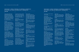 Capítulo 1 | Primeros lenguajes y tendencias en la modernidad nacional |142|                                                                                                                                     |143|   Primeros lenguajes y tendencias en la modernidad nacional | Capítulo 1




MURALISMO Y «MURAL PORTABLE» EN REPÚBLICA DOMINICANA                                                                                         MURALISMO Y «MURAL PORTABLE» EN REPÚBLICA DOMINICANA
EN EL SIGLO XX: TABLA DE PROYECCIÓN Y REFERENCIAS                                                                                            EN EL SIGLO XX: TABLA DE PROYECCIÓN Y REFERENCIAS
1991-2004                                                                                                                                    1991-2004


Kennedy Castillo y Rafael García                          Los Padres de la Patria y el General     Norberto Santana                          Sin título. Mural en lienzo. Palacio de   Freddie Cabral                                     Valentín Acosta
El ajusticiamiento de Lilís, 1999                         Luperón, 1996. Lienzo mural en acrí-     La Enseñanza en la UASD, 1993             Justicia Santiago.                        Paisajes, 1990. Conjunto de murales                Laberinto del Tiempo, 1992
Pintura de aceite (industrial) sobre                      lica, 1.48 x 396 metros (dos seccio-     Panel mural en acrílica 2.00 x 3.66 me-                                             4 murales en acero inoxidable, bronce              Mural en acrílica, 2.05 x 2.05 metros,
muro exterior, 6.00 x 26.00 metros                        nes) Facultad de Artes, UASD, Ciudad     tros, Paraninfo Facultad de Humanida-                                               y cobre y guano, 1.50 x 3.00 metros,               Proyecto Pinturas Popular El Color de
                                                                                                                                             Amable Sterling
localizado en la calle 26 de julio, Moca.                 Universitaria, Santo Domingo.            des de la UASD, Ciudad Universitaria.                                               Restaurante y Cafetería Pepín, Santo               la Vida, zona pública de Jarabacoa.
                                                                                                                                             Las Ciencias Médicas, 1996
Anales de la Historia, 2000 Pintura de                                                             La Universidad, 1994. Acrílica sobre                                                Domingo.                                           Fiesta Salvaje, década 1990
                                                                                                                                             Mural cerámico 6.15 x 7.50 metros,
aceite (industrial), 2.50 x 61.00 me-                                                              muro, 10.00 x 13.00 metros Facultad                                                                                                    Lienzo mural en acrílica, 2.00 x 3.00.
                                                          Bernardo Prats                                                                     Facultad de Medicina UASD, Ciudad
tros, Fachada frontal del Liceo Secun-                                                             de Ciencias Económicos y Sociales,                                                                                                     Asociación Cibao de Ahorros y Prés-
                                                          Mural técnica mixta. Sin fecha. 98 x                                               Universitaria Santo Domingo.              José Miura
dario, Calle Duarte, Moca.                                                                         UASD.                                                                                                                                  tamos, Edificio Principal, Santiago.
                                                          568. Banco Central de la República                                                 Visión de América, 2000.                  Tres Manifestaciones del Ser, 1997
                                                                                                   Operativo Médico, 1996. Mural cerá-
                                                          Dominicana.                                                                        Mural cerámico, sector los Pinos          Mural en acrílica, proyecto El Color de
                                                                                                   mico 5.45 x7.20 metros, fachada de
Elsa Núñez                                                                                                                                   Arroyo Hondo, Santo Domingo.              la Vida, Pinturas Popular, Santo Do-               Juan Bravo
                                                                                                   la Facultad de Ciencias Médicas,
El Envío de los Apóstoles por el                                                                                                             Mural, 2000                               mingo.                                             Danza de la Luz, 1992
                                                          Soucy de Pellerano                       UASD.
Mundo Entero, 1992. Lienzo mural al                                                                                                          Mural cerámico, 349 metros cuadra-                                                           Mural en acrílica, 2.05 x 2.05 metros.
                                                          Mural El Color de la Vida, 1993. Mu-
óleo, 1.22 x 4.50 metros, Sala del Vati-                                                                                                     dos, UASD, Ciudad Universitaria,                                                             Proyecto Pinturas Popular, El Color
                                                          ral en técnica mixta (acrílica y meta-                                                                                       Pedro Oviedo
cano del Faro a Colón, Santo Domingo.                                                              Tete Marella                              Santo Domingo.                                                                               de la Vida, Zona pública de Jarabacoa.
                                                          les), 8.40 x 12.00 metros Edificio II,                                                                                       La Naturaleza no se Suicida, 1997
Las Hermanas Mirabal, 1997                                                                         Mural el Color de la Vida, 1993. Mural                                                                                                 Presencia de la Tierra, década 1990.
                                                          Universidad APEC, Santo Domingo.                                                                                             Mural en acrílica del proyecto El Color
Acrílico sobre muro del obelisco, 4.20                                                             en acrílica Edificio Burger King, calle                                                                                                Mural en acrílica 50 x 120 pdas. Mu-
                                                          Proyecto Pinturas Popular.                                                         Roberto Alba y Otros                      de la Vida de Pinturas Popular, Santo
base x 40.00 metros de altura, Av.                                                                 Palo Hincado esquina El Conde, San-                                                                                                    nicipio de Cabral.
                                                                                                                                             La Tecnología en la República Domi-       Domingo.
George Washington, Santo Domingo.                                                                  to Domingo, proyecto El Color de la
                                                                                                                                             nicana, 1995.
Mural el Color de la Vida. Acrílico so-                   Ramón Oviedo                             Vida, Pinturas Popular
                                                                                                                                             Mural colectivo en acrílica 13.00 x                                                          Said Musa
bre muro, Instituto Tecnológico de                        Sinfonía Tropical, 1987. Lienzo mural                                                                                        Vitico Cabrera, Domingo Batista, Ni-
                                                                                                                                             4.00 metros, fachada del Instituto de                                                        Mural, 1990
Santo Domingo. (INTEC) Proyecto                           en técnica mixta, 94 x 144 pulgadas.                                                                                         dio Fermín, Ricardo Batista y otros.
                                                                                                   Carlos Cruz Díez                          Tecnología Industrial, Santo Domingo.                                                        Mural cerámico, residencia Sr. Juan
Pinturas Popular.                                         Colección Banco Hipotecario Dom.                                                                                             Carnaval, Folklore y Tradición de San-
                                                                                                   Cilindros como Interferentes, 1994                                                                                                     Luis Seliman, Santo Domingo.
                                                          Santo Domingo.                                                                                                               tiago. 1997.
                                                                                                   Acrílica sobre muros de 28 silos que                                                                                                   Mural del Lina, 1991
                                                          Turbulencia Milenaria, 1998. Lienzo                                                Silvano Lora                              Murales de mosaico vítreo con me-
Fernando Peña Defilló                                                                              ocupan 11.200 metros, en Molinos                                                                                                       Mural cerámico fachada Hotel Lina
                                                          mural en acrílica, 2.06 x 4.06 metros,                                             Mural del Paraninfo, 1992                 diadas entre 2.90 x 6.80 metros de
El Hombre y la Naturaleza: El Día,                                                                 Dominicanos, Villa Juana, Santo Do-                                                                                                    Santo Domingo.
                                                          Edificio de la Autoridad Portuaria,                                                Acrílico sobre muro 4.20 x 8.50 me-       largo y realizados en base a fotogra-
1995. Lienzo mural en acrílica 2.80 x                                                              mingo.                                                                                                                                 Mural de la Cervecería, 1992
                                                          Santo Domingo.                                                                     tros Facultad de Ciencias Económicas      fías y diapositivas, localizadas en dife-
6.10 metros, Banco de Reservas de la                                                                                                                                                                                                      Mural mosaico en Cervecería Nacio-
                                                          Raíces, 1996. Mural en acrílica, 13.00                                             y Sociales, UASD, Ciudad Universitaria.   rentes muros del elevado de la Aveni-
Rep. Ensanche Piantini, Santo Domingo.                                                                                                                                                                                                    nal Dominicana , Santo Domingo.
                                                          x 15.00 metros, fachada Facultad de      Holger Escoto                             Mural de la Junta Central, 1996           da Monumental de Santiago.
La Mujer y la Naturaleza: La Noche,                                                                                                                                                                                                       Mural, 1992
                                                          Ingeniería y Arquitectura, UASD,         Alegoría de la Justicia, 1997. Mural      acrílica sobre muro, 3.80 x 11.67
1995. Lienzo mural (...) del Banco de                                                                                                                                                                                                     Mural cerámico en residencia José
                                                          Ciudad Universitaria, Santo Domingo.     en cerámica, Palacio de Justicia San-     metros, en el interior del Edificio de
Reservas con iguales medidas que el                                                                                                                                                    Jean Girigori                                      León Asensio, Santo Domingo.
                                                                                                   tiago.                                    la Junta Central Electoral, Zona de
anterior.                                                                                                                                                                              Mural el Color de la Vida, 1992                    Mural de San Dionisio, 1995
                                                                                                   La Justicia, 1997. Lienzo mural en        Herrera, Santo Domingo.
                                                          Fernando Ureña Rib                                                                                                           Mural ejecutado en acrílica, Jaraba-               Mural cerámico Iglesia San Dionisio,
                                                                                                   acrílica, 2.00 x 4.00 metros. Palacio     El Mural de Procuraduría, 1997
                                                          Sin Titulo, Década 1990.                                                                                                     coa, Proyecto Pinturas Popular.                    Higüey.
Cuquito Peña                                                                                       de Justicia de Ciudad Nueva, Santo        acrílica sobre muro, 3.50 x 8.28 me-
                                                          Lienzo mural en acrílica, 1.30 x 2.80                                                                                                                                           Mural, 1994
Colón en Pos del Sol, 1992. Lienzo                                                                 Domingo.                                  tros, Vestíbulo de la Procuraduría Ge-
                                                          metros. Edificio Principal del Banco                                                                                                                                            Mural cerámico Iglesia Jesucristo Su-
mural en acrílica 1.35 x 240 metros                                                                Dura Lex Scripta Tamen, 1997. Mural       neral de la Rep. Centro de los Héroes,    Rafael Rodríguez
                                                          de Reservas de la Rep. Dom, Ensan-                                                                                                                                              mo y Eterno Sacerdote, Santo Domin-
(3 secciones) sala del Descubrimiento                                                              en cerámica, Palacio de Justicia San-     Santo Domingo.                            Mural el Color de la Vida, 1992
                                                          che Piantini, Santo Domingo.                                                                                                                                                    go.
del Faro a Colón, Santo Domingo.                                                                   tiago.                                    Mural el Color de la Vida, 1993           Mural a la acrílica, Jarabacoa, Proyec-
                                                          Submarina, Década 1990. Lienzo mu-                                                                                                                                              La Alegría de Vivir
La Cultura Dominicana, 1993. Lienzo                                                                Mural de la Sala de Audiencia (1),        Acrílica sobre muro, Casa de la Ju-       to Pinturas Popular, 2.00 x 2.00 fue
                                                          ral en acrílica, Edificio Principal de                                                                                                                                          Mural cerámico 2.59 x 7.65 metros.
mural en acrílica, 2.00 x 4.00 metros                                                              1997.                                     ventud, antiguo Ensanche Cucaracha,       destruido.
                                                          CODETEL, Santo Domingo.                                                                                                                                                         Dos parte anterior/ posterior Parque
(dos secciones) Rectoría UASD, Ciu-                                                                Mural de la Sala de Audiencia (2),        Santo Domingo. Proyecto Pinturas
                                                                                                                                                                                                                                          Mirador del Norte, Santo Domingo.
dad Universitaria.                                                                                 1997. Palacio de Justicia, Santiago.      Popular.
                                                                                                   Lienzo Mural, Palacio de Justicia,
                                                                                                   Santiago, 1997.
 