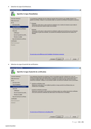 

Selection du type d’architecture.



Sélection du type d’autorité de certification.

P a g e 16 | 26
Jaulent Aurelien

 