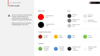 Color is crucial to our visual identity. 
It brings visual interest to our 
communications and helps to 
maintain a consistent look and feel. 
Always make sure you’re using the 
right HEX code for each color 
Main Colors 
Complementary Colors 
Gradients 
Greys 
OutSystems Red 
#F00 
Dark Red 
#AC1E01 
page 2 / OutSystems® Brand Guidelines 
Color Guide 
Blue 
#69C 
Yellow 
#FFB414 
Green 
#8CC83C 
OutSystems Black 
#300 
Dark Grey 
#333 
Medium Grey #1 
#808080 
Medium Grey #2 
#CCC 
Light Grey 
#E6E6E6 
Washed Grey 
#CCC / 20% opacity 
Black/Grey GRAD 
B #300 
T #4D4D4D 
Blue GRAD 
B #226EC4 
T #72a5D2 
White/Grey GRAD 
B #F0F0F0 
T #FFF 
Green GRAD 
B #79C843 
T #5D9343 
 