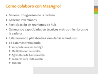 Como colaboro con MasAgro?
● Generar integración de la cadena
● Generar inversiones
● Participación en reuniones de hub
● Generando capacidades en técnicos y otros miembros de
  la cadena
● Estableciendo plataformas vinculadas a módulos
● Ya estamos trabajando
     Variedades nuevas de trigo
     Multiplicación de semilla
     Agricultura de Conservación
     Sensores para fertilización
     Triticale
 