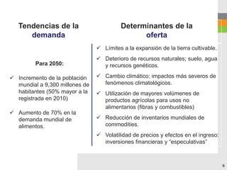 Principales retos para la seguridad
     alimentaria
   Tendencias de la             Determinantes de la
       demanda                        oferta
                                 Límites a la expansión de la tierra cultivable.
                                 Deterioro de recursos naturales; suelo, agua
         Para 2050:               y recursos genéticos.

 Incremento de la población     Cambio climático; impactos más severos de
  mundial a 9,300 millones de     fenómenos climatológicos.
  habitantes (50% mayor a la     Utilización de mayores volúmenes de
  registrada en 2010)             productos agrícolas para usos no
                                  alimentarios (fibras y combustibles)
 Aumento de 70% en la
  demanda mundial de             Reducción de inventarios mundiales de
  alimentos.                      commodities.
                                 Volatilidad de precios y efectos en el ingreso:
                                  inversiones financieras y “especulativas”



                                                                                    6
 