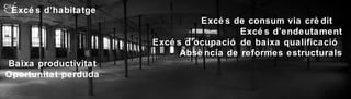 Excés d’habitatge  Excés de consum via crèdit  Excés d’endeutament Excés d’ocupació de baixa qualificació  Absència de reformes estructurals Baixa productivitat  Oportunitat perduda 