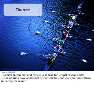 The team




http://ﬂickr.com/photos/emurray
Friday, June 26, 2009

- Everyone can edit and review (also true for Drupal Hispano site)
- Doc admins have additional responsibilities but you don’t need them
to be “on the team”
 