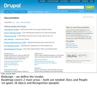 Friday, June 26, 2009

Redesign - we deﬁne the insides
Raodmap covers 2 main areas - both are needed: Docs and People
1st goals: IA (docs) and Recognition (people)
 