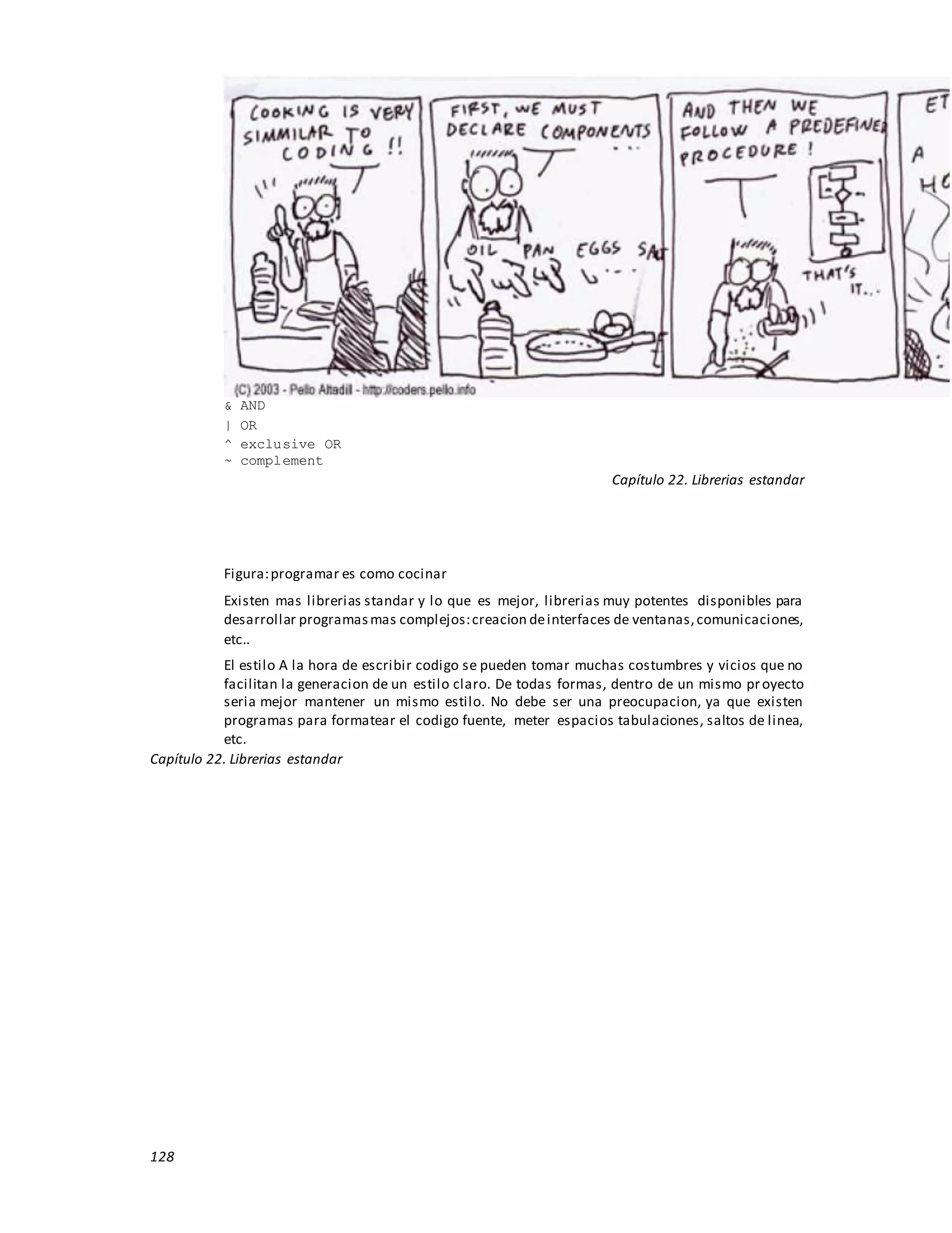 128
& AND
| OR
^ exclusive OR
~ complement
Capítulo 22. Librerias estandar
Figura:programar es como cocinar
Existen mas librerias standar y lo que es mejor, librerias muy potentes disponibles para
desarrollar programasmas complejos:creacion deinterfaces de ventanas,comunicaciones,
etc..
El estilo A la hora de escribir codigo se pueden tomar muchas costumbres y vicios que no
facilitan la generacion de un estilo claro. De todas formas, dentro de un mismo proyecto
seria mejor mantener un mismo estilo. No debe ser una preocupacion, ya que existen
programas para formatear el codigo fuente, meter espacios tabulaciones, saltos de linea,
etc.
Capítulo 22. Librerias estandar
 