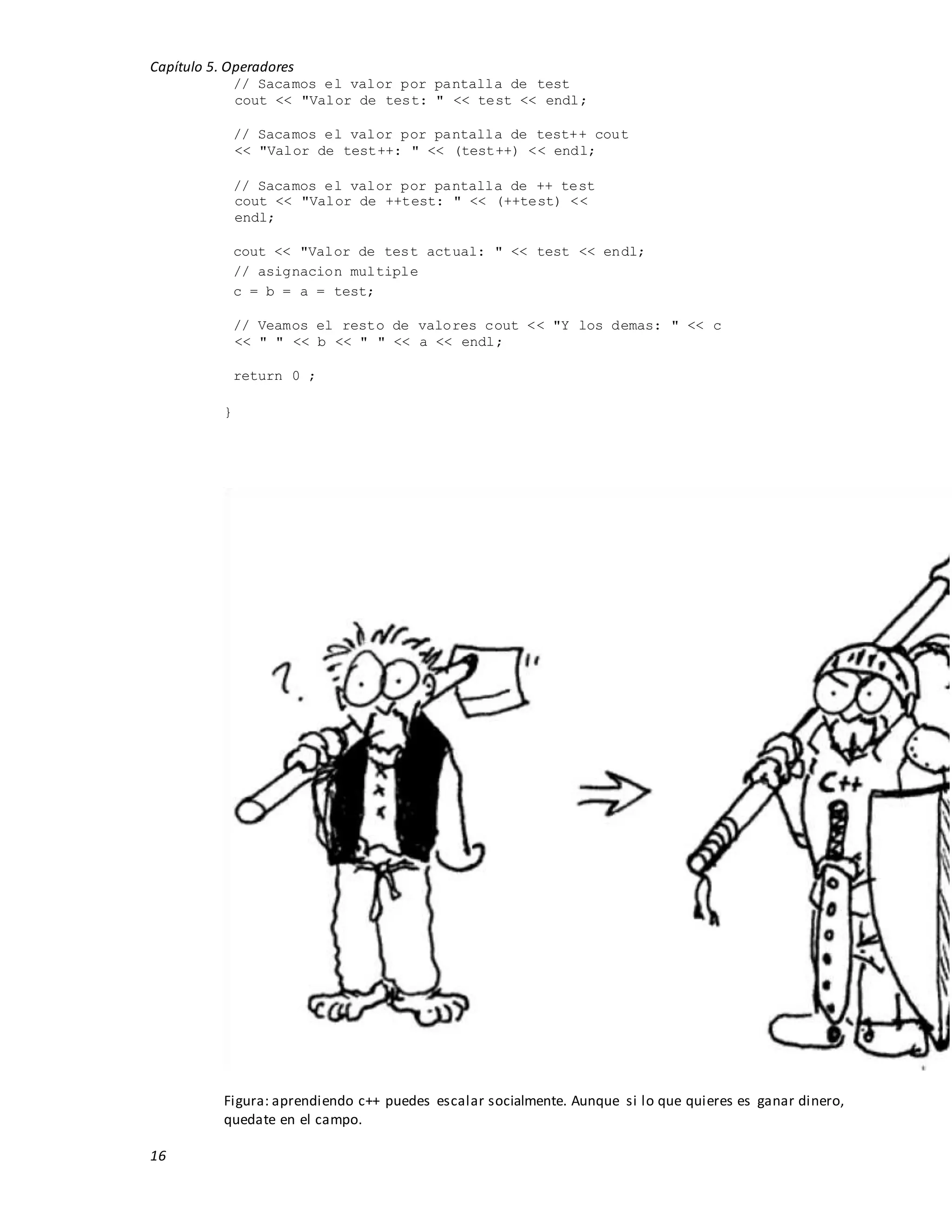 Capítulo 5. Operadores
16
// Sacamos el valor por pantalla de test
cout << "Valor de test: " << test << endl;
// Sacamos el valor por pantalla de test++ cout
<< "Valor de test++: " << (test++) << endl;
// Sacamos el valor por pantalla de ++ test
cout << "Valor de ++test: " << (++test) <<
endl;
cout << "Valor de test actual: " << test << endl;
// asignacion multiple
c = b = a = test;
// Veamos el resto de valores cout << "Y los demas: " << c
<< " " << b << " " << a << endl;
return 0 ;
}
Figura: aprendiendo c++ puedes escalar socialmente. Aunque si lo que quieres es ganar dinero,
quedate en el campo.
 