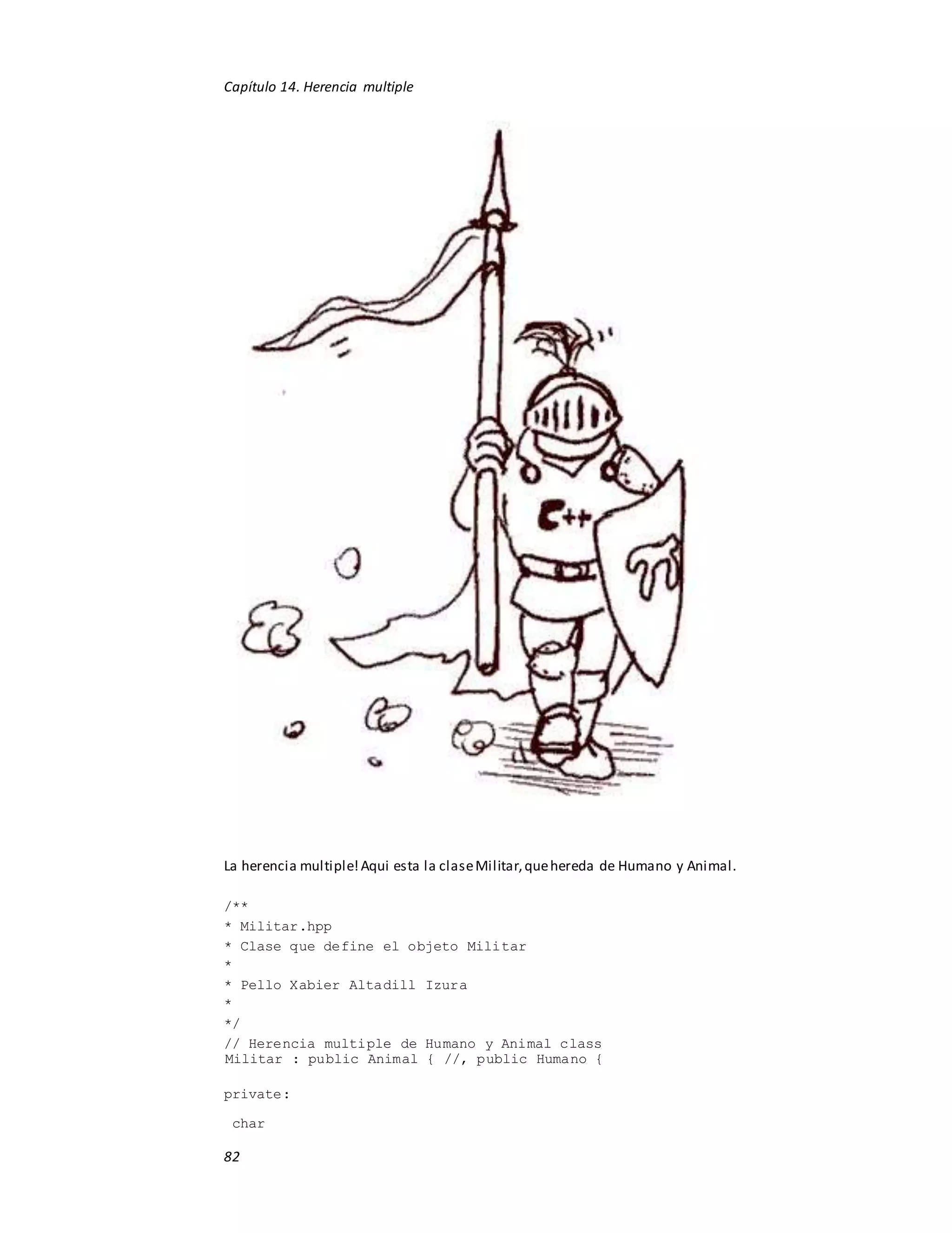 Capítulo 14. Herencia multiple
82
La herencia multiple!Aqui esta la claseMilitar,quehereda de Humano y Animal.
/**
* Militar.hpp
* Clase que define el objeto Militar
*
* Pello Xabier Altadill Izura
*
*/
// Herencia multiple de Humano y Animal class
Militar : public Animal { //, public Humano {
private:
char
 