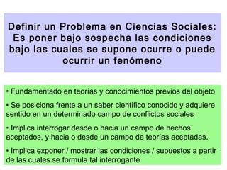 Definir un Problema en Ciencias Sociales:
Es poner bajo sospecha las condiciones
bajo las cuales se supone ocurre o puede
ocurrir un fenómeno
• Fundamentado en teorías y conocimientos previos del objeto
• Se posiciona frente a un saber científico conocido y adquiere
sentido en un determinado campo de conflictos sociales
• Implica interrogar desde o hacia un campo de hechos
aceptados, y hacia o desde un campo de teorías aceptadas.
• Implica exponer / mostrar las condiciones / supuestos a partir
de las cuales se formula tal interrogante

 